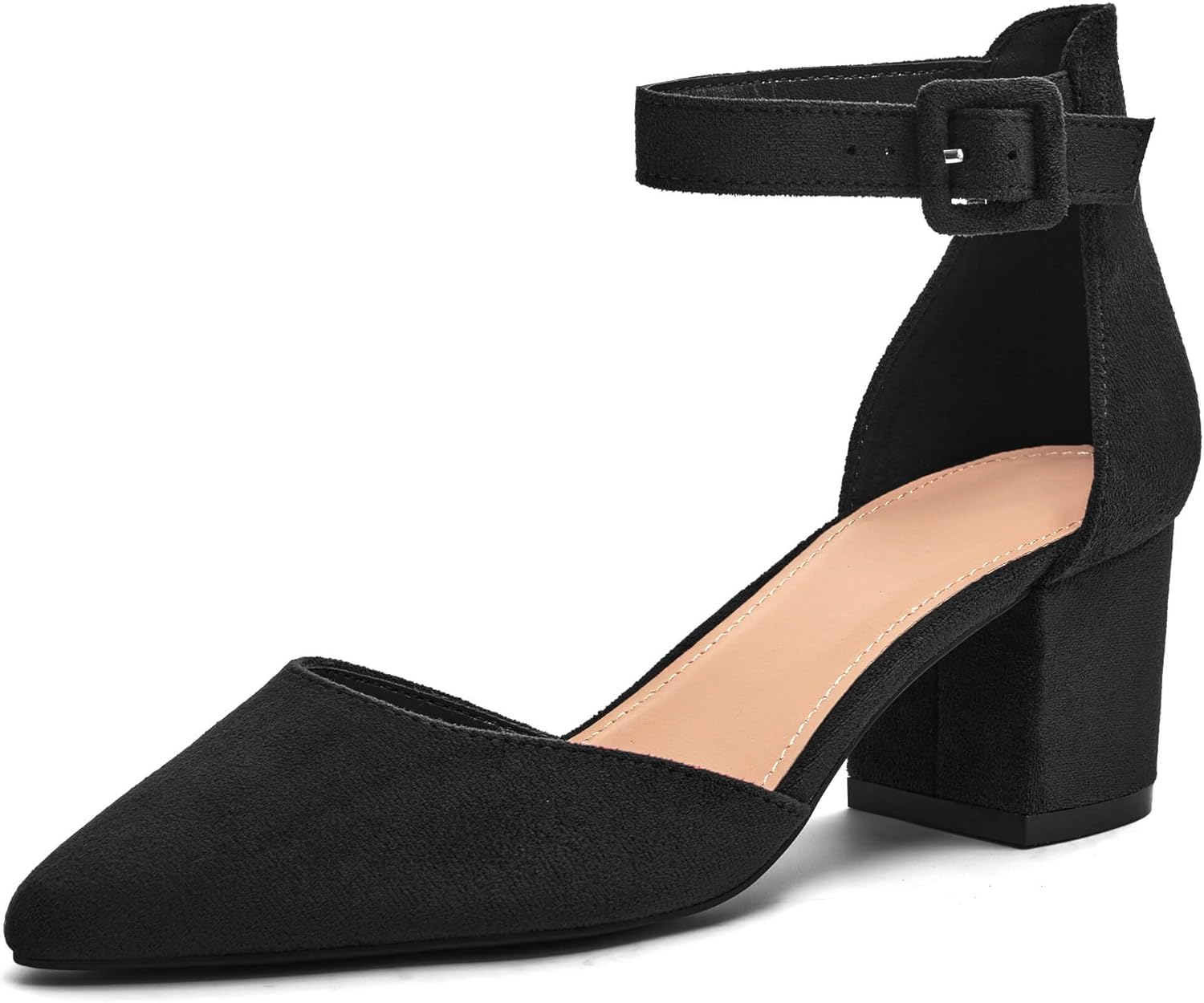 LAICIGO Women's Pointed Toe Pumps Ankle Strap Buckle Chunky Block Heel Dress D'Orsay Shoes