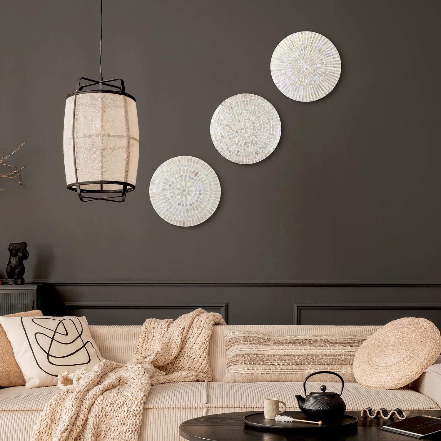 Tioncy 3 Pcs 11.8 Inches Mother of Pearl Shell Plate Coastal Wall Art Mosaic Wall Sculpture Shell Handmade Hanging Plates Arts for Halloween Christmas Bedroom Bathroom Home Office Hotel(White)