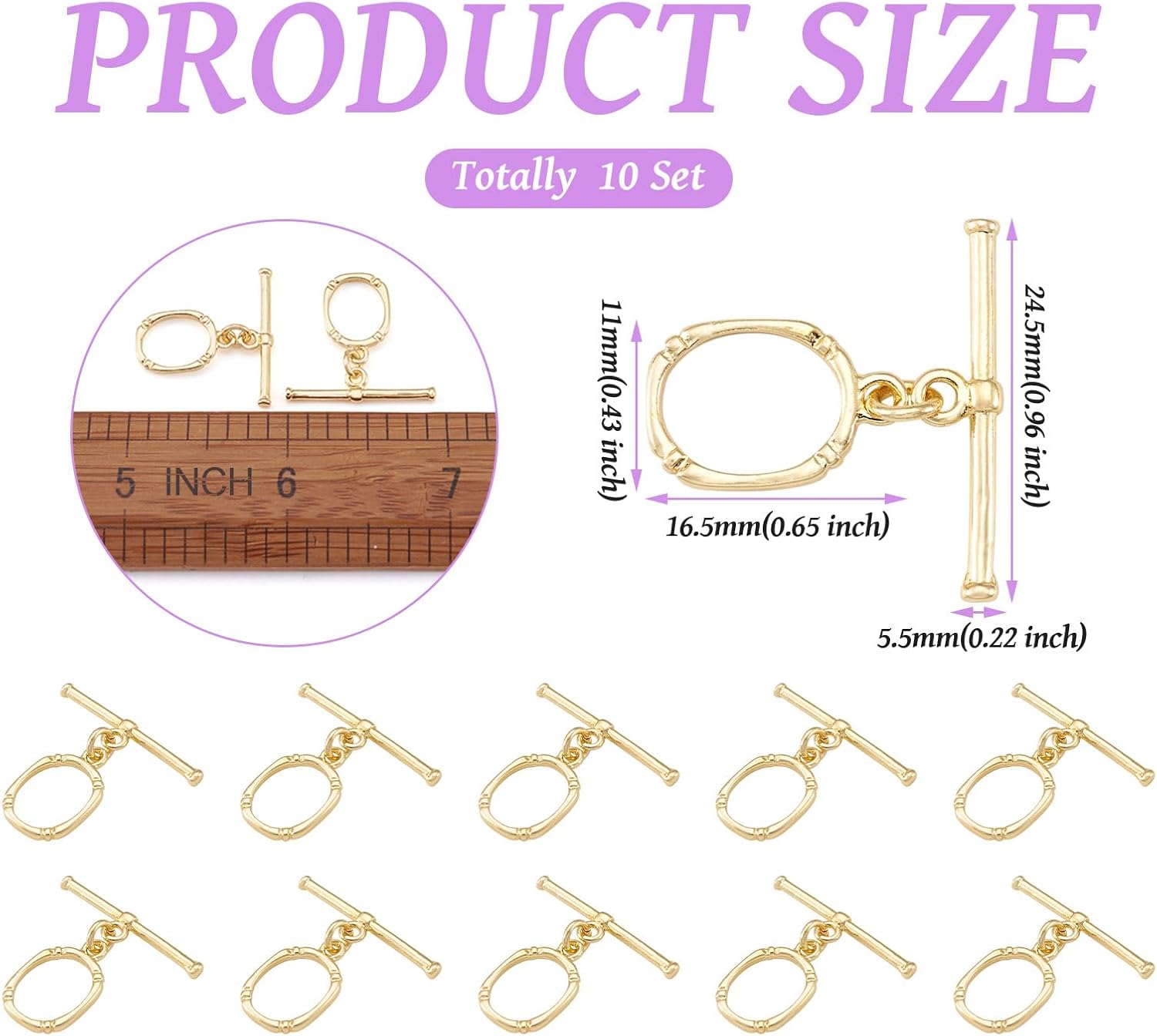 Craftdady 10 Sets 18K Gold Oval Toggle Clasps T Bar Buckle Closure End Clasps for DIY Bracelet Necklace Jewelry Making, 16.5x11mm