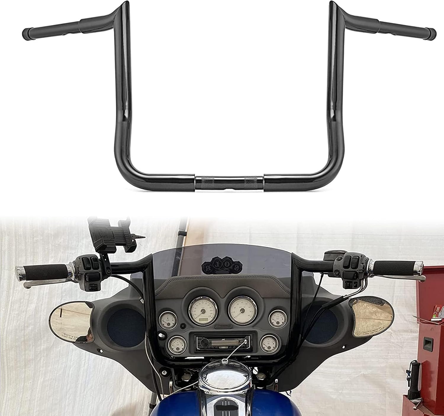 WeiSen Gloss Black 14" Rise Monkey Bar Ape Hangers Handlebar 1-1/4" Handle Bars Compatible with Harley Touring Street Glide FLHX & Electra Glide FLH 1986-2022