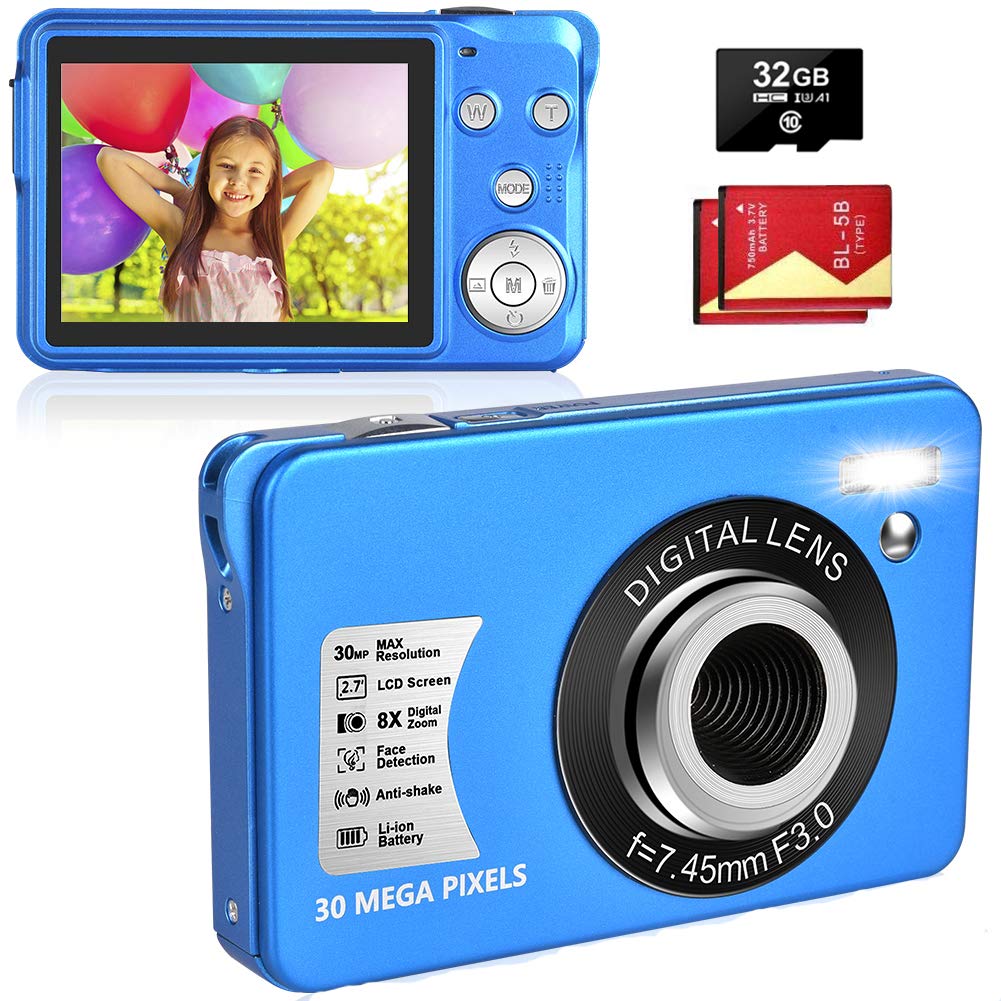 YinFunDigital Camera, Vologging Camera 30MP 2.7 Inch with 8X Digital Zoom Compact Camera with 32 GB SD Card and 2 Batteries (Blue)