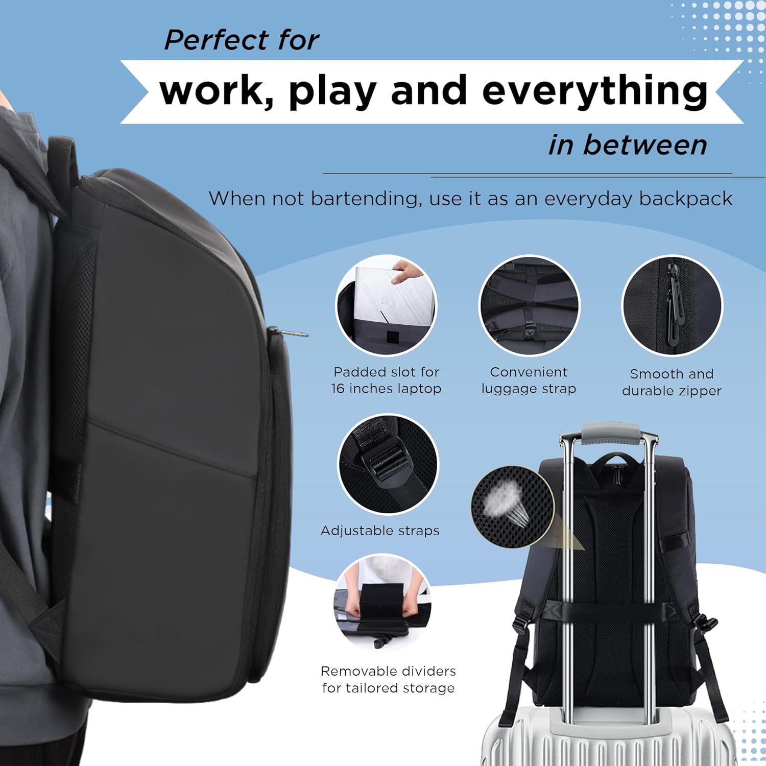Travel Bartender Bag - Bar & Wine Tools Carrying Laptop Backpack with Padded Compartments & Shoulder Strap - Waterproof Bar Bag for Mixologists, Cocktail Making - Birthday Gifts
