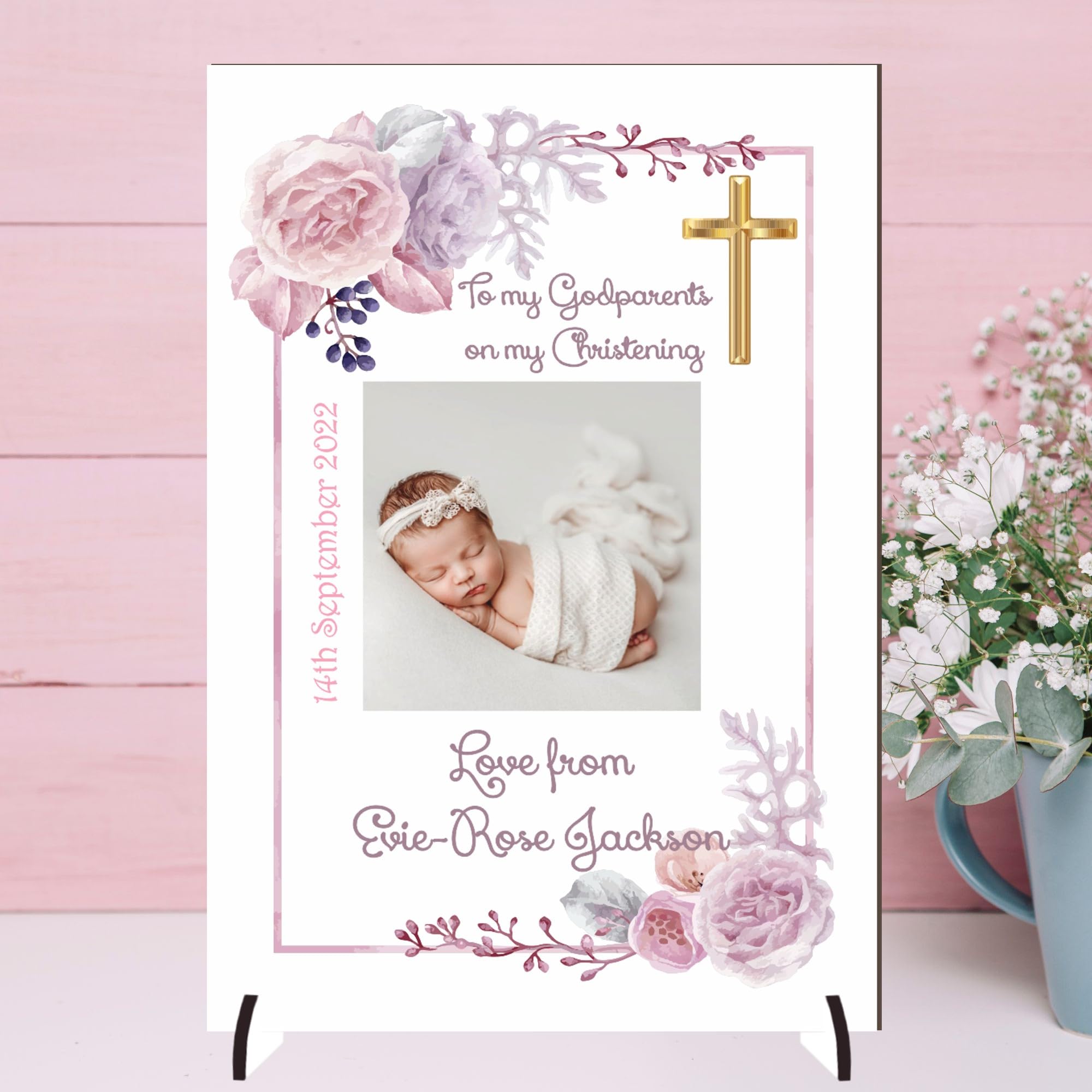 Personalised 'To My Godparents' Christening Photo Plaque | Unique Keepsake Gift | A4 or A5 Size | Customisable with Special Message | (Mdf Wood 21cm x 15cm, Pink)
