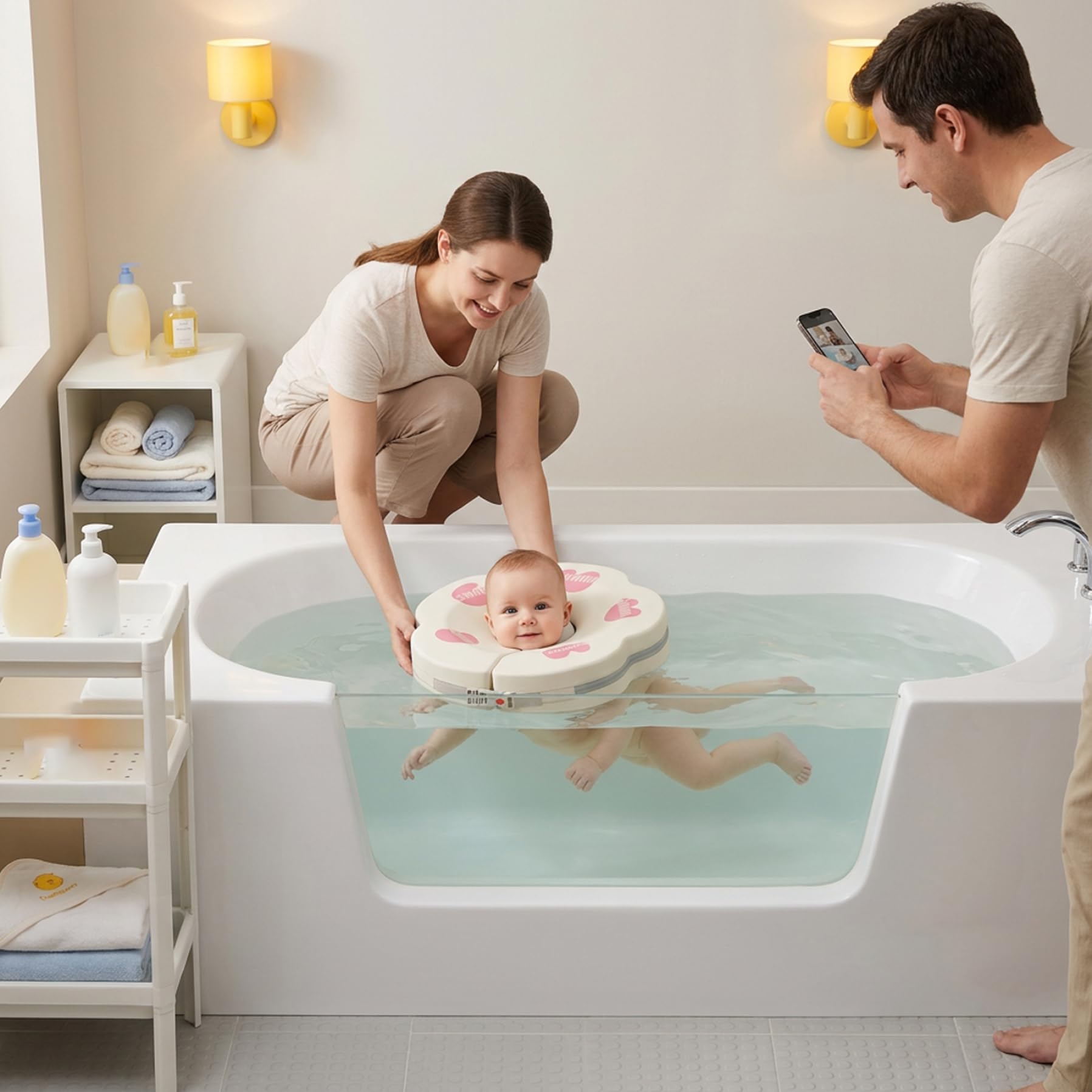 Baby-Halsschwimmer für 0–6 Monate – Verstellbarer und sicherer Schwimmschwimmer mit weichem Kragendesign, auslaufsicher für sicheren Wasserspaß (weiß)