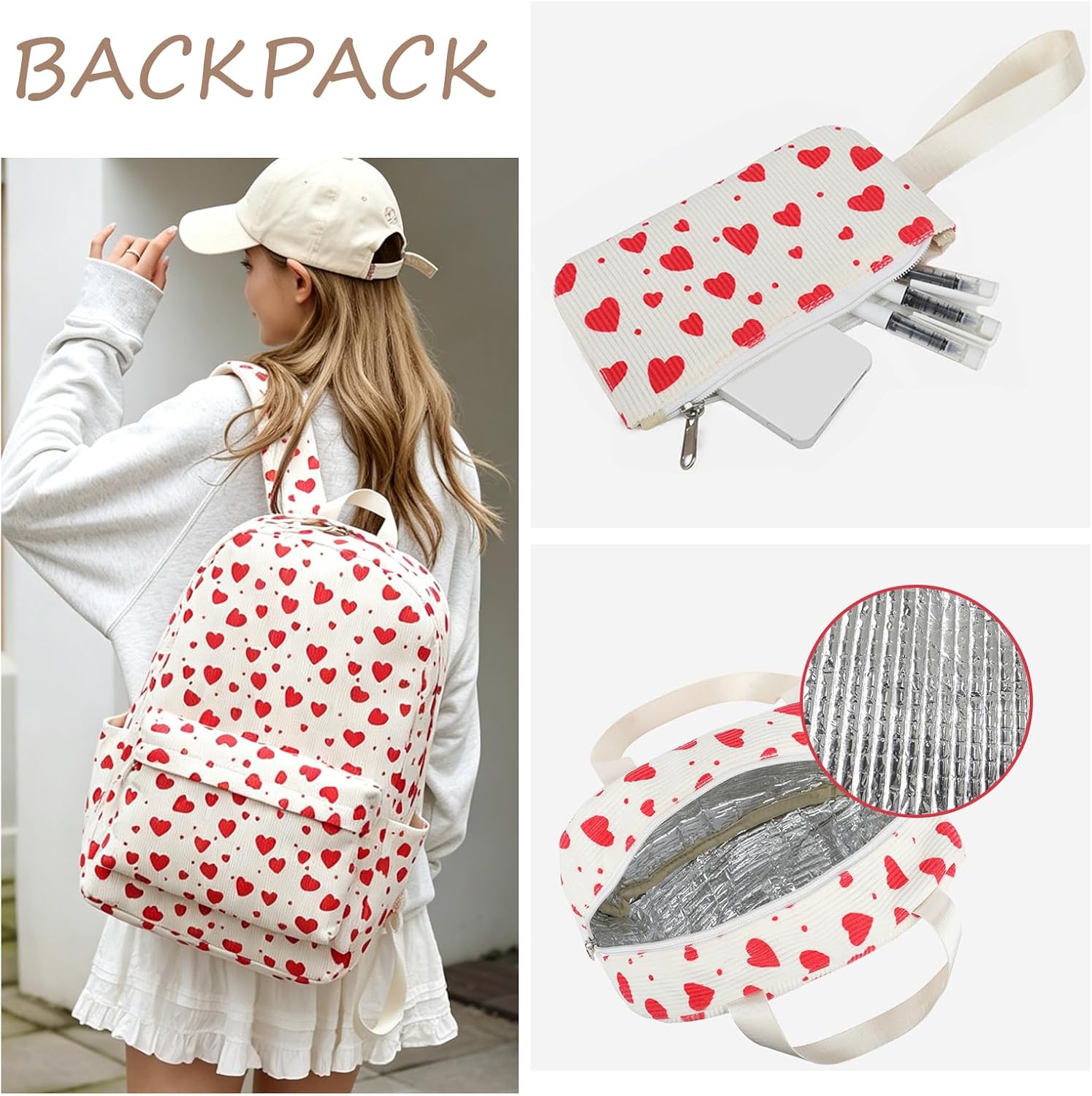 Girls Corduroy School Backpack with Lunch Box Pencil Case Toddler School Bookbag Set (White Strawberry 1) image 3