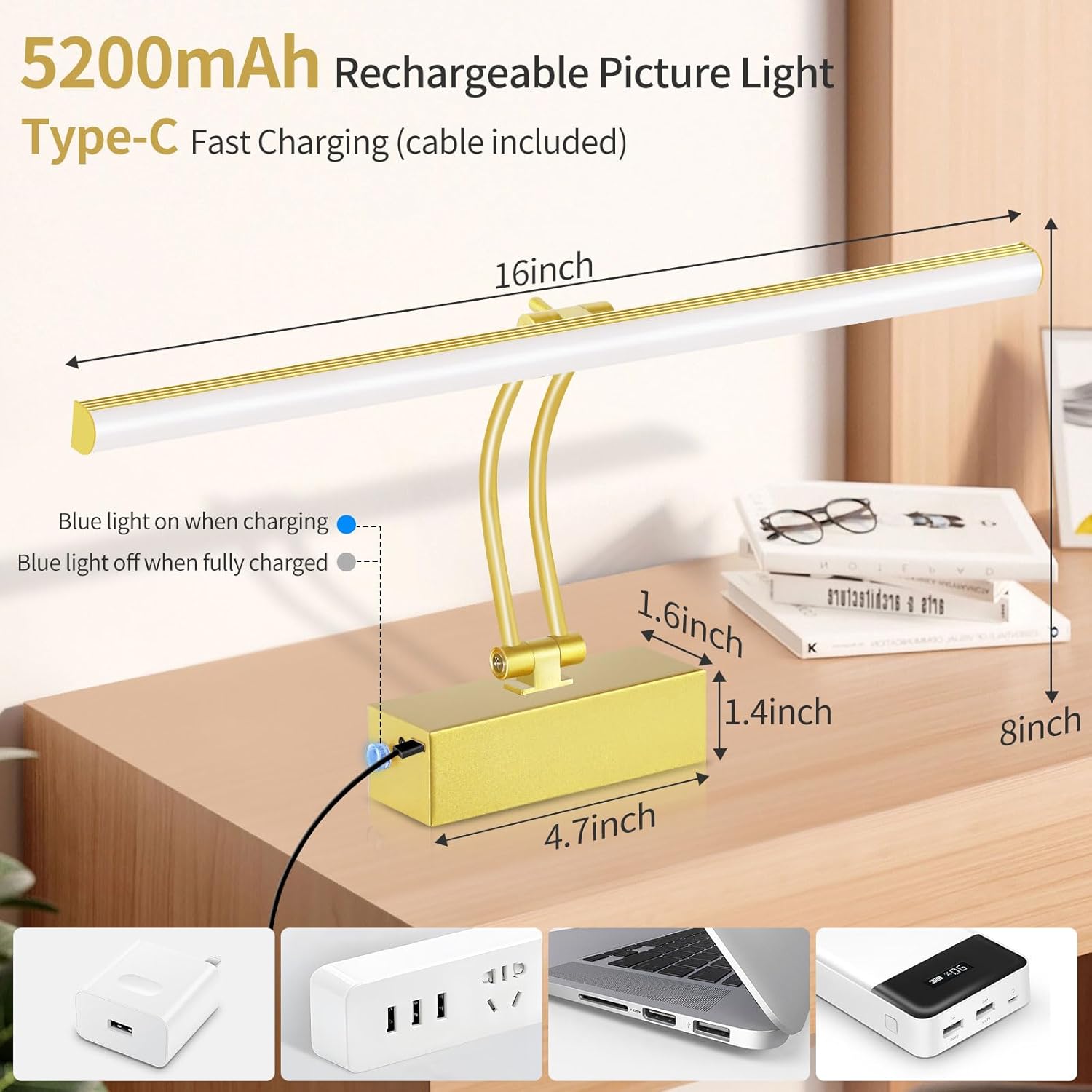 6 Colors Picture Lights for Wall, 16in Battery Operated Picture Light Rechargeable with Remote Timer, Dimmable Art Light for Wall Painting, Display, Gallery, 4 Pack (Gold)