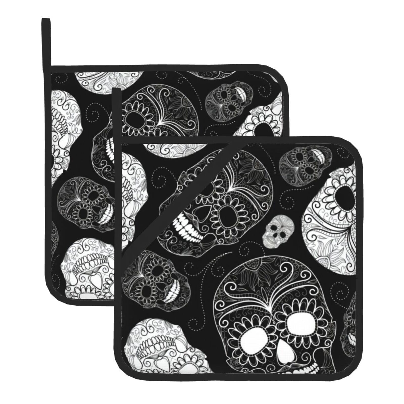 WHJSHOP Skull Head Prints Square Hot Pads for Kitchen Counter - Thick Heat Resistant Trivets for Microwave & Oven, BBQ Grilling Cover (2 Pack)