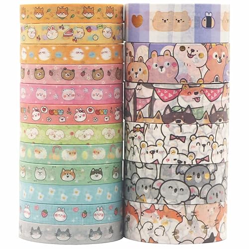 YUBX Cute Washi Tape Set 18 Rolls Gold Embellishment Kawaii Decorative Masking Tapes for Arts, DIY Crafts, Journals, Planners, Scrapbook, Wrapping (Puppies) - 18 Rollen