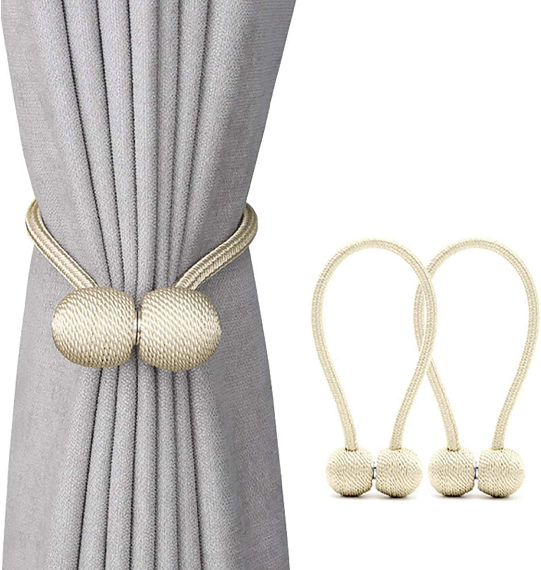Magnetic Curtain Tiebacks 2 Pack Convenient Drape Tieback Decorative Rope Hold-back Holder for Big, Wide or Thick Window Draperies, 16 Inch (Beige)