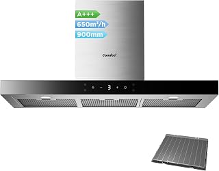 COMFEE' Dunstabzugshaube 90 cm Klasse A+++ TSHM77SS-90 650m³/h Edelstahl Dunstabzugshaube mit LED, Umluft- und Abluftsystem und Kohlefilter