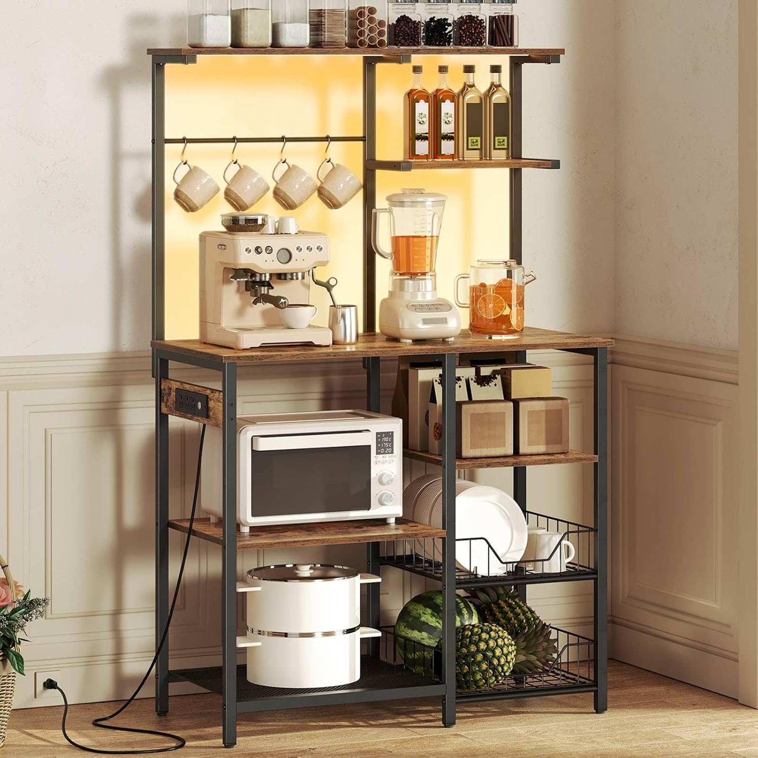 HOOBRO Bakers Rack with Power Outlet and LED Light, 6-Tier Microwave Stand with Wire Baskets, Coffee Bar Station, Kitchen Utility Storage Shelf with 4 Hooks, Rustic Brown and Black BF64UDHB01