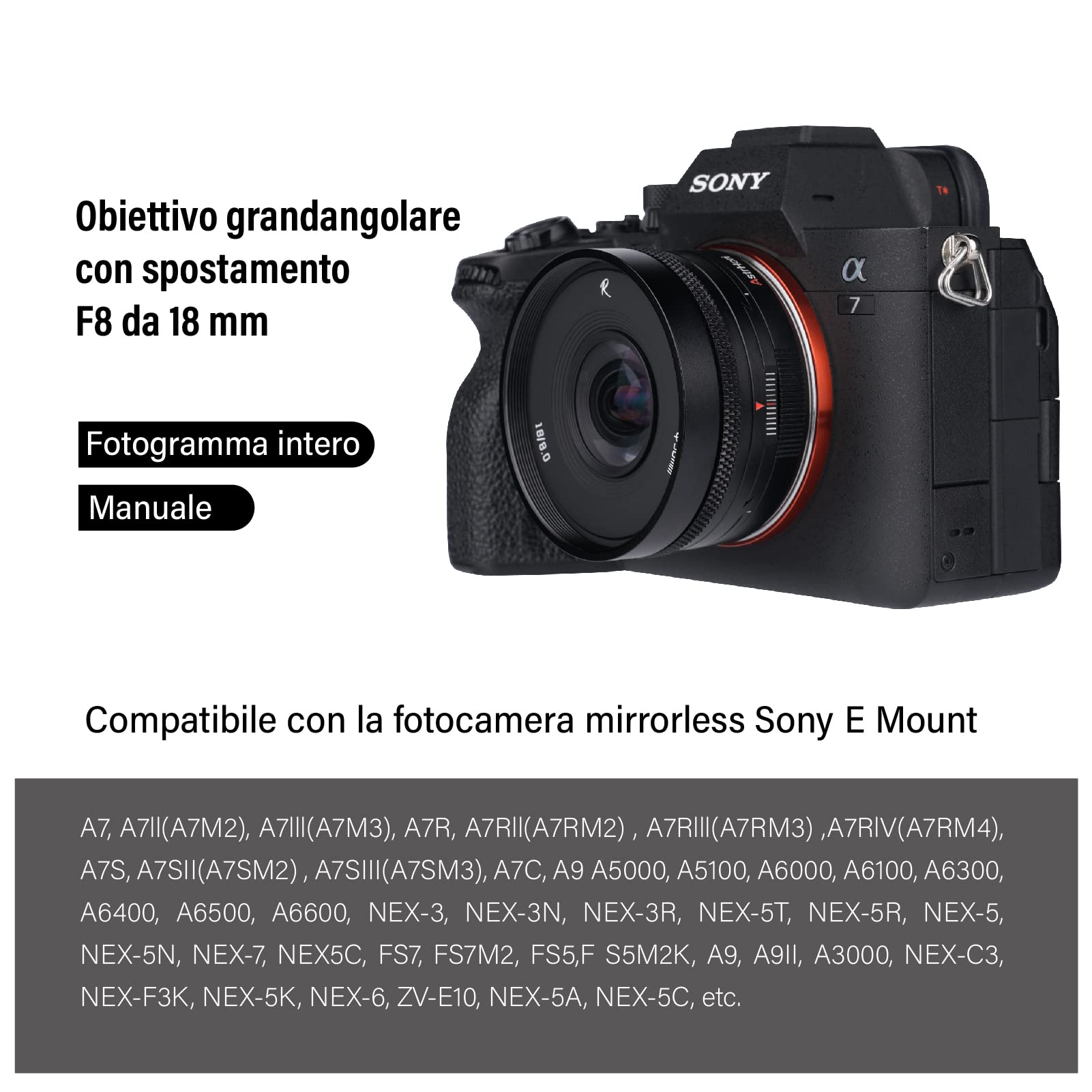 AstrHori 18mm F8 Obiettivo grandangolare APS-C e obiettivo Shift Manuale Architecture Obiettivo orizzontale per fotocamera mirrorless Sony E Mount A5000,A6000,A6500,A6600,NEX-3,NEX-5,A7,A9
