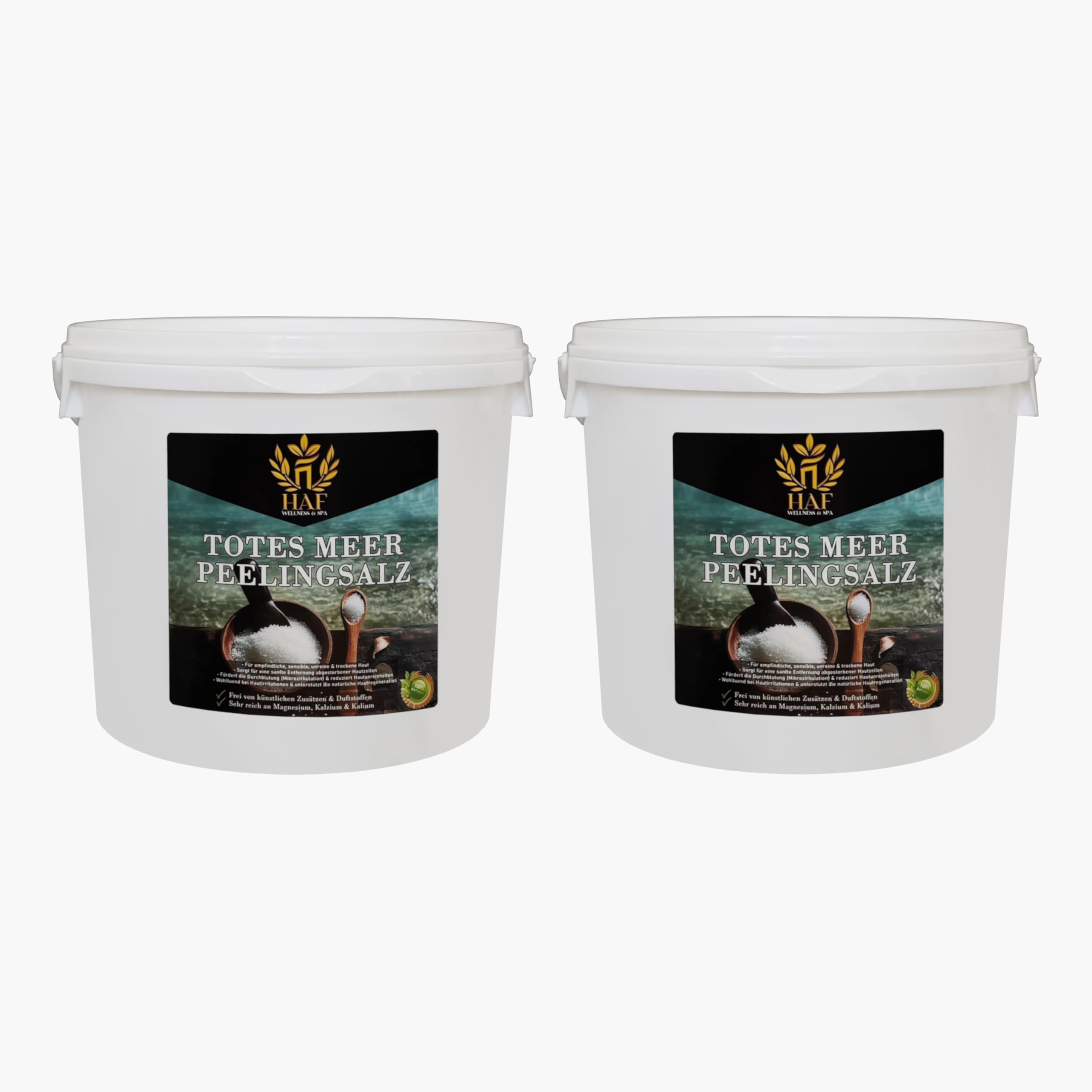 HAF Sale esfoliante per pelli sensibili e secche | 1-25 kg | Sale Peeling 100% naturale dalla Giordania per viso e corpo | Scrub corpo per sauna, doccia (secchio da 2 x 5 kg) 2 x 5 kg Eimer