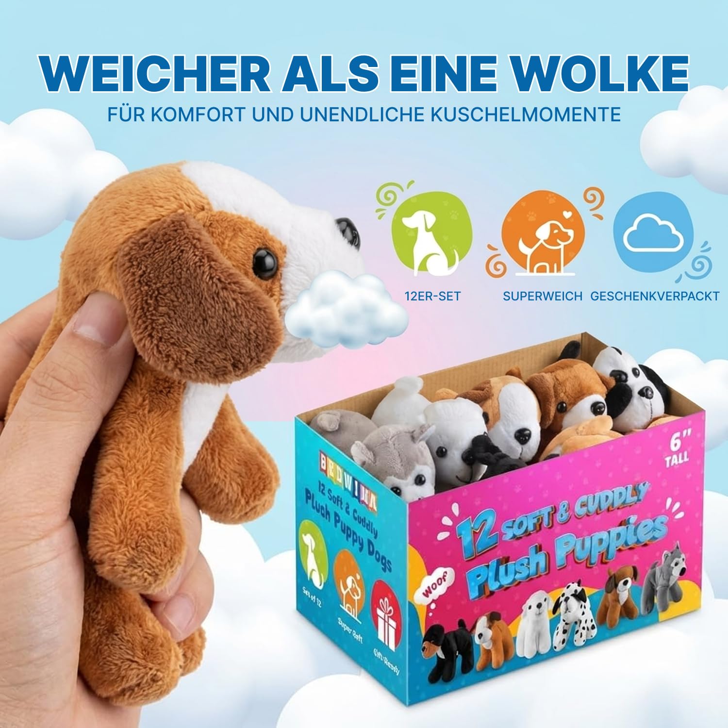 Bedwina Plüsch-Hündchen – (Packung mit 12) 15,2 cm große Kuscheltiere, sortierte Welpen und niedliches Plüsch-Hundewelpen-Sortiment, Strumpffüller