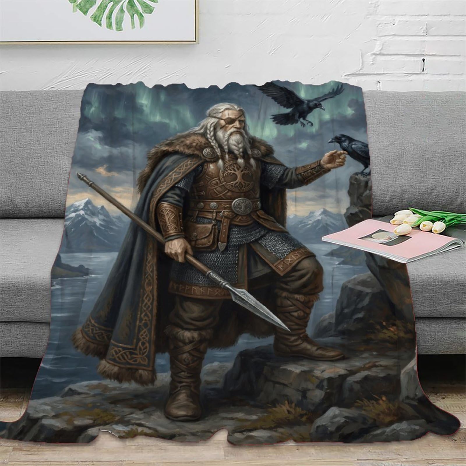 H3B8U2Y5 Norse Mythology Odin Blanket, Flannel, Nap, Dark Nordic Fantasy
