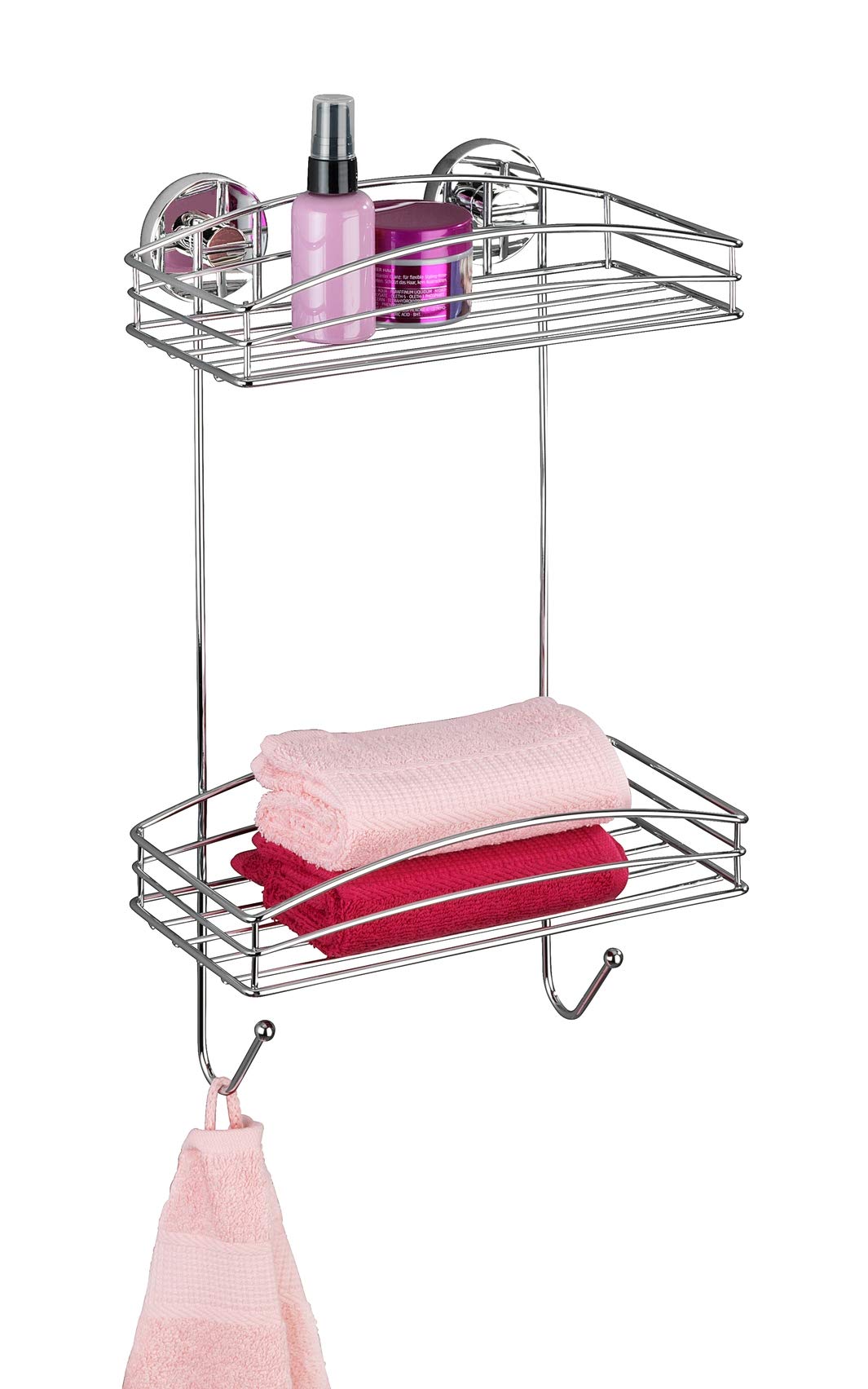 WENKO Wandregal Mod. Vacuum-Loc mit 2 Etagen und 2 Haken Duschablage ohne Bohren verchromtes Metall Drahtkorb-Design Maße 26 x 44 x 15,5 cm