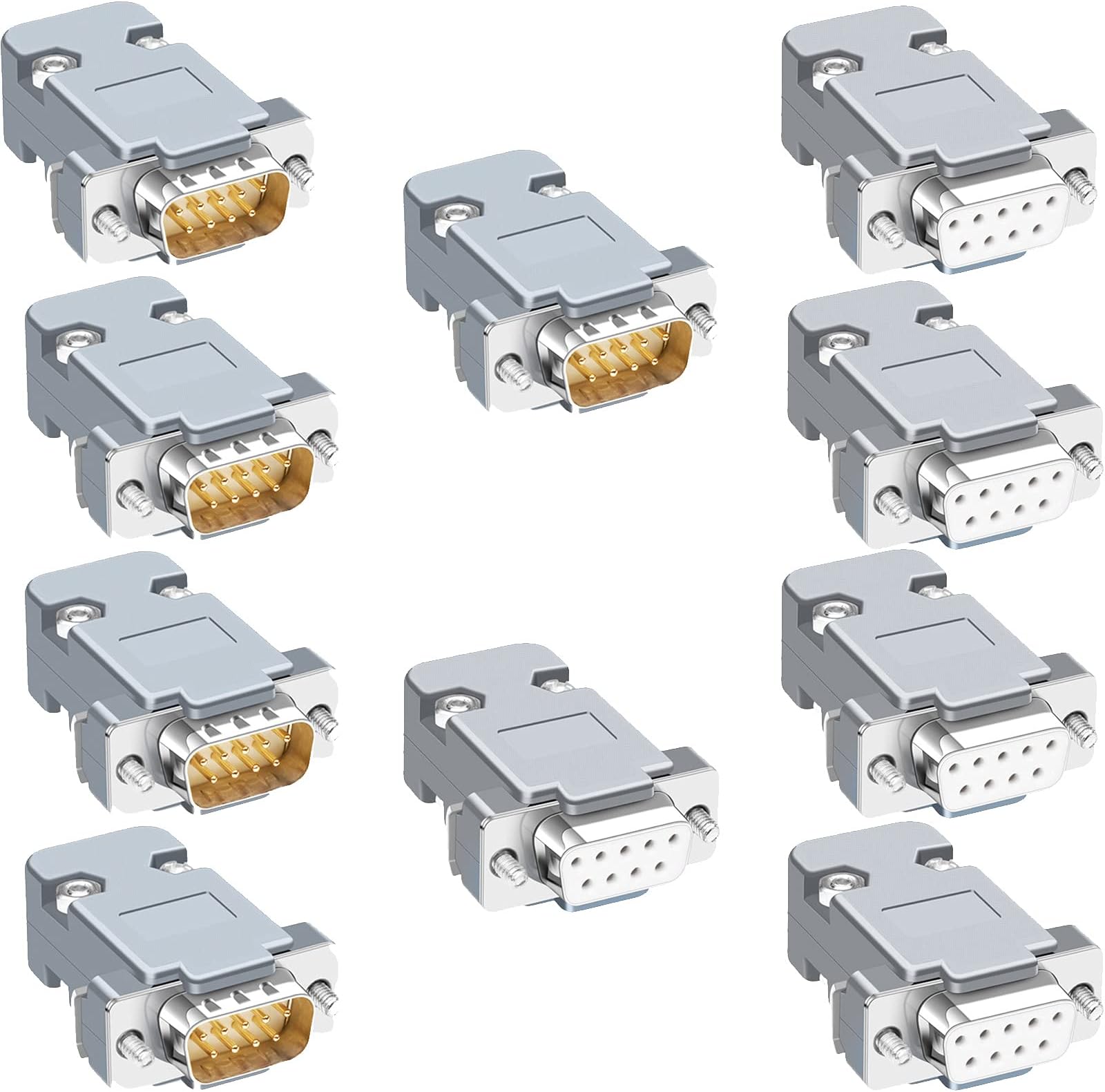 Jienk 10PCS DB9 Male Female RS232 D-SUB Serial Solder Cup Connectors Kit, Gold Plated Joints RS232 Serial Solder Type Port 9 Pin D Sub Couplers with Plastic Hoods, Strain Relief Grommet and Screws