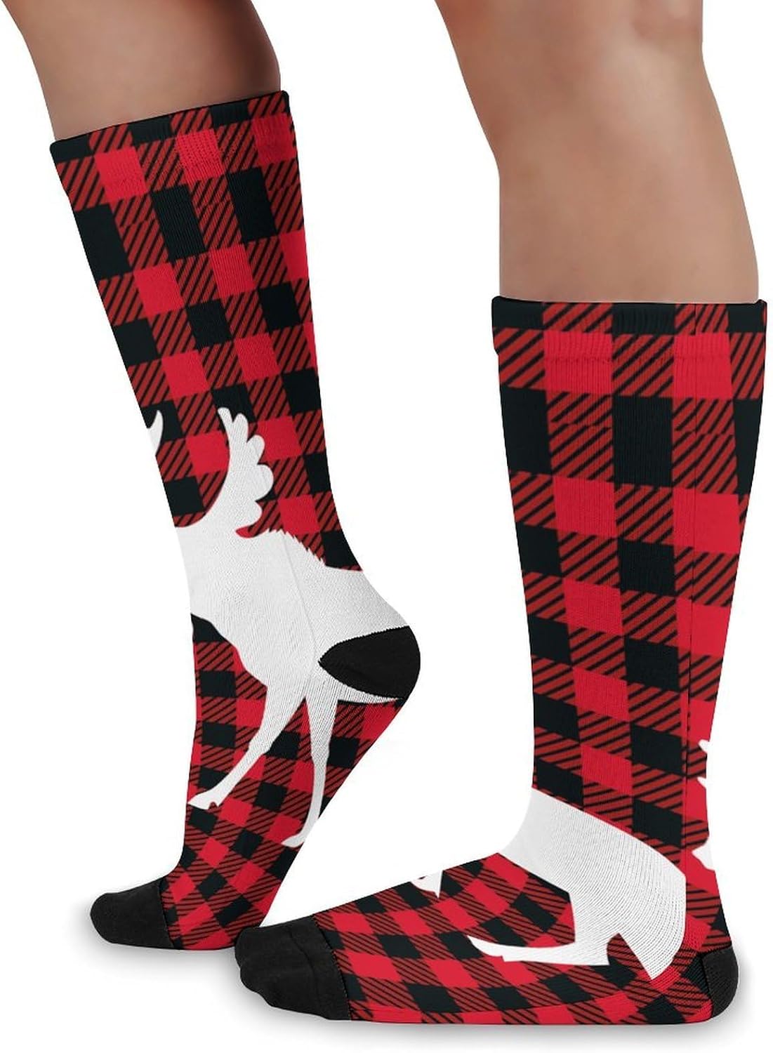 Moose Buffalo Plaid Knee High Socks Athletic Long Stockings Sport Casual Crew Tube Sock Boot 46cm
