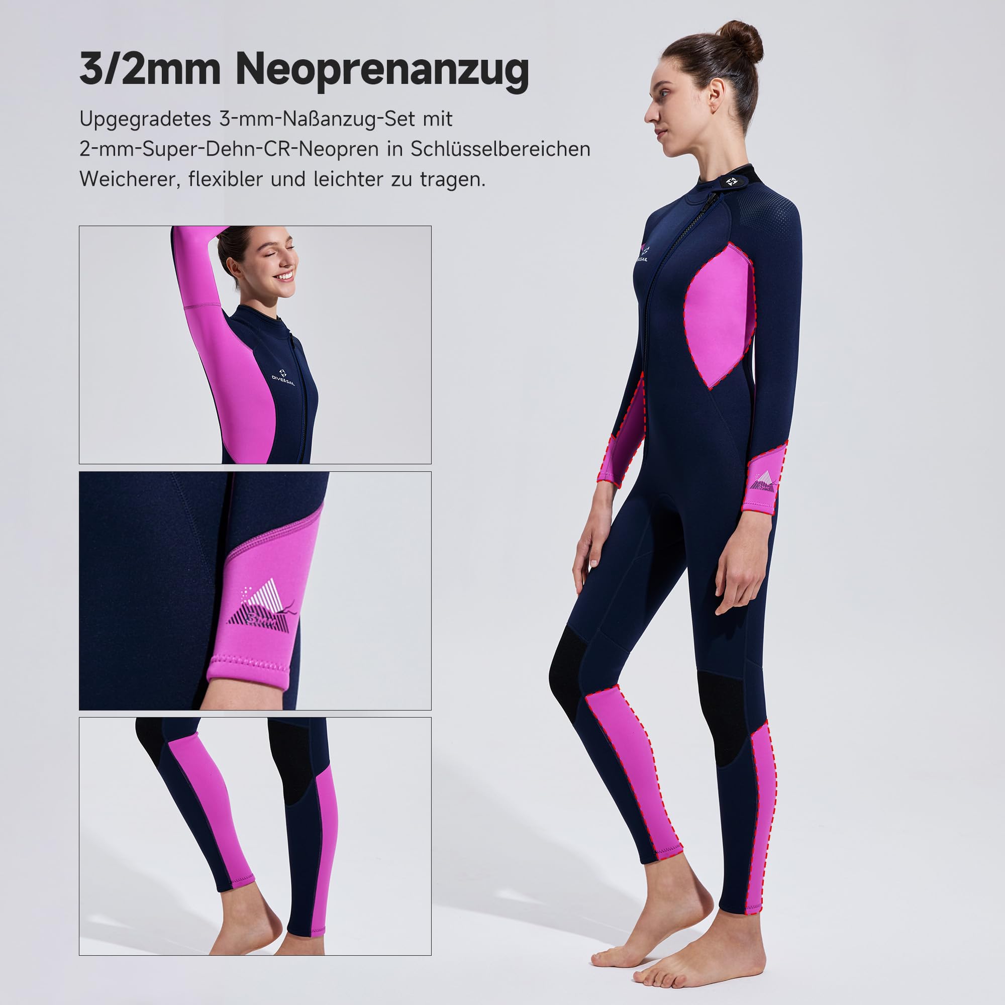 Muta da uomo e da donna, in neoprene, 3/2 mm, con chiusura lampo frontale, completamente elasticizzata, a maniche lunghe, in neoprene, per immersioni, surf, snorkeling