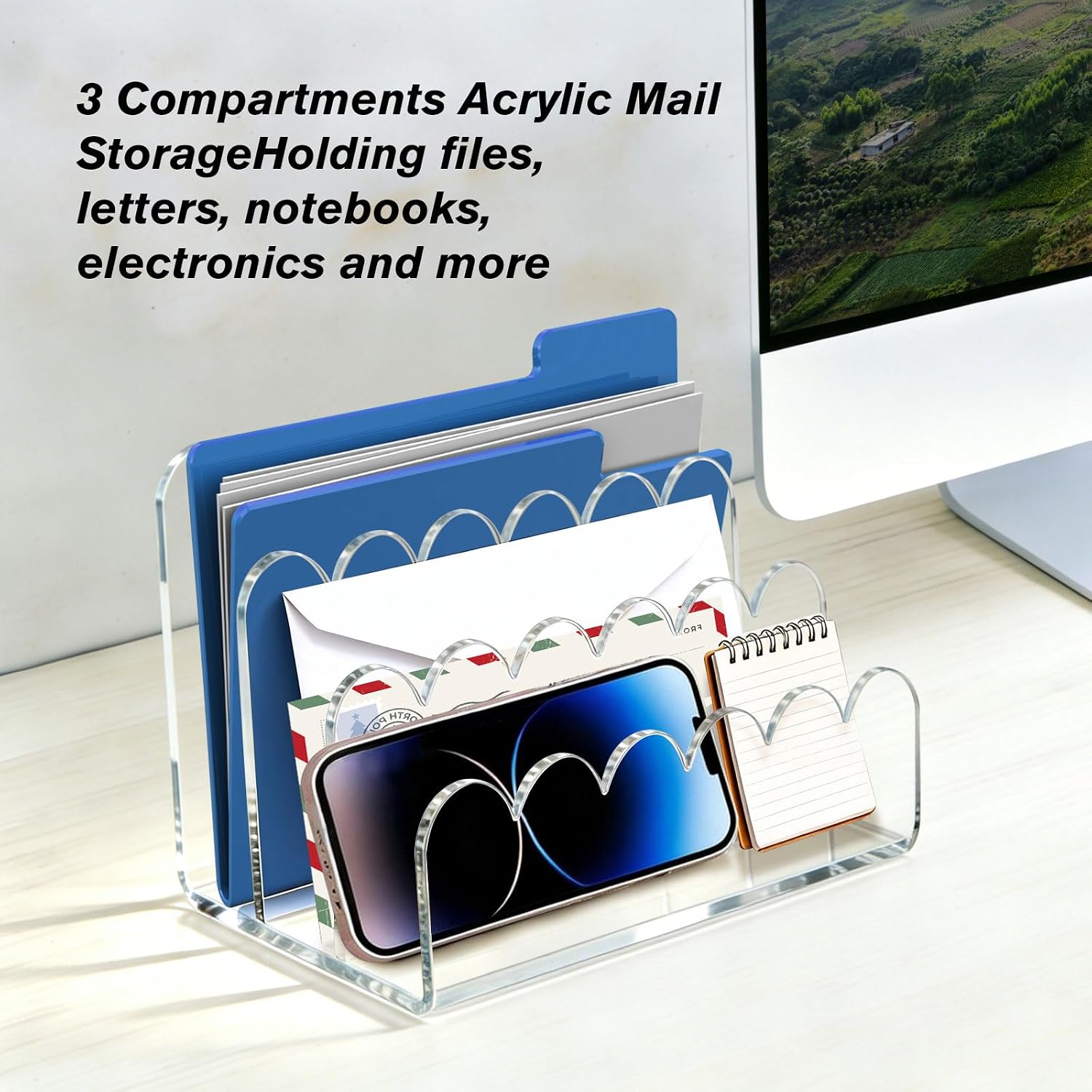 3 Compartments Acrylic Mail Organizer, Vertical File Sorter & Scalloped Desk Organizer for Letters, Envelopes, Bills, Stationery, Mail Holder for Office and Home image 5