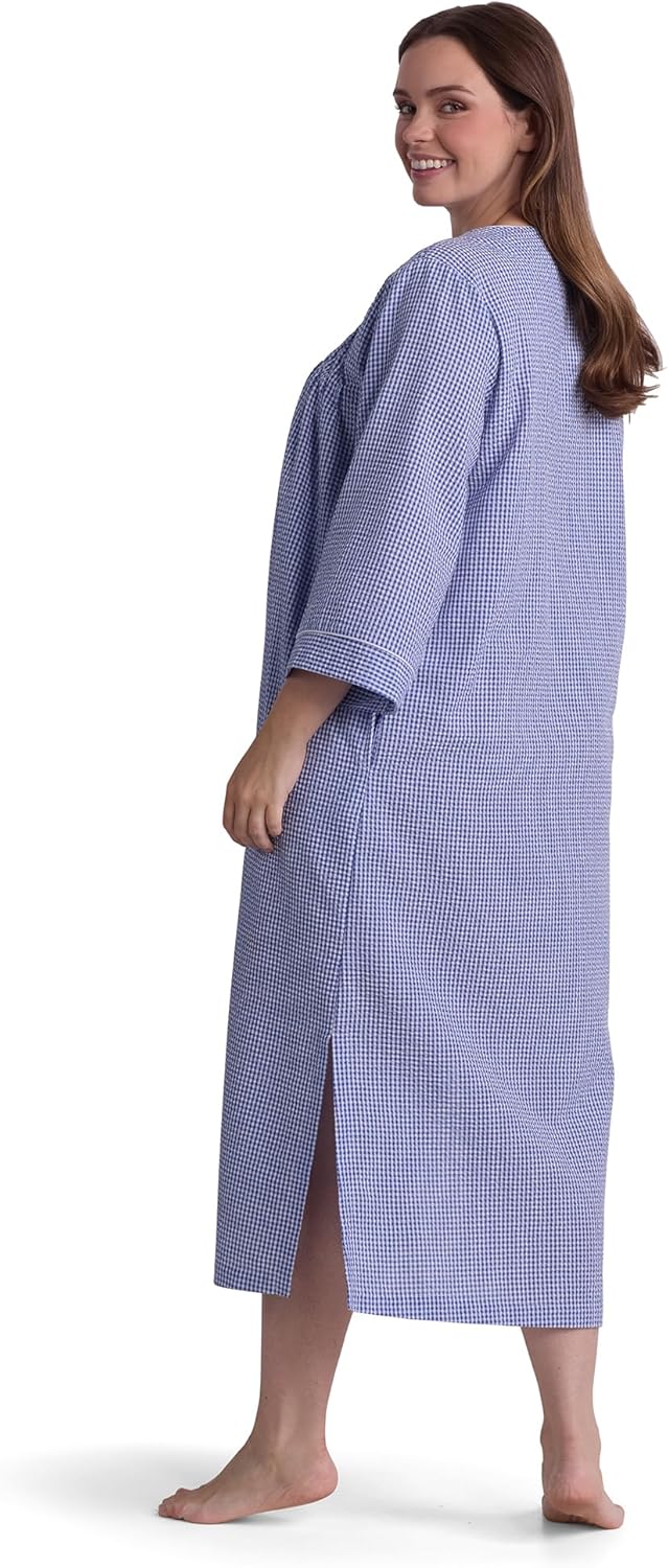 Miss Elaine Long Seersucker Women's Robe, Pockets and Zipper with Front Embroidered Trim, Sleepwear & Loungewear