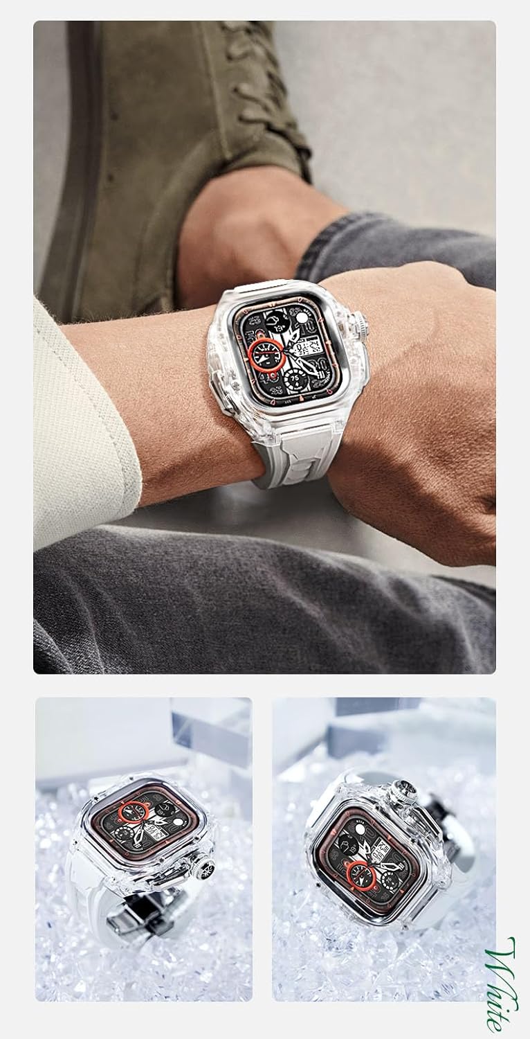 49mm Fashion for Apple Watch Ultra Full Series Integrated Protective Case Set (Transparent Case + Fluorine Rubber Strap) | Lightweight TR-90 Material | Skin-Friendly Antibacterial Strap | Butterfly Buckle | Trendy Modification Watch Band For Apple Watch ultra