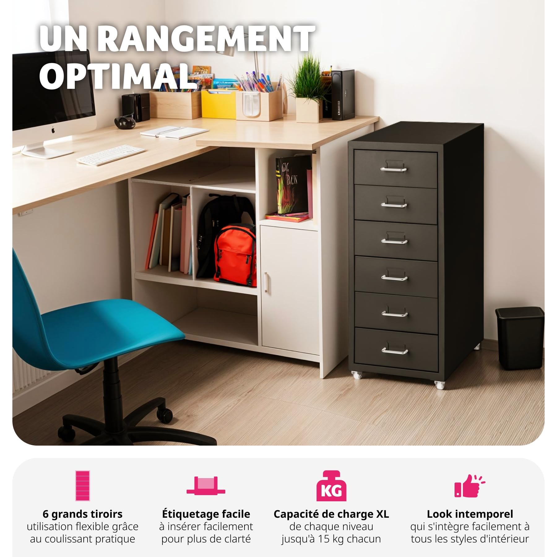 tectake® Caisson de Bureau Métallique Industriel 41 x 28 x 69 cm - Meuble de Rangement avec 6 Tiroirs pour Papier Administratif