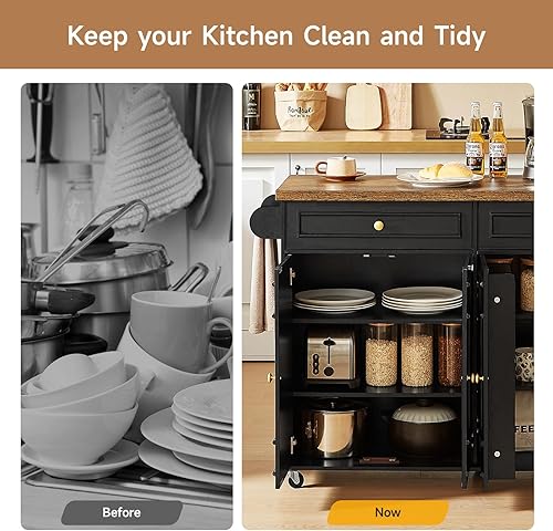 Miniatura 7 de ONBRILL Isla de cocina móvil de 58 pulgadas, carrito de isla de cocina con toma de corriente, mesa de isla para cocina, carritos de bar con