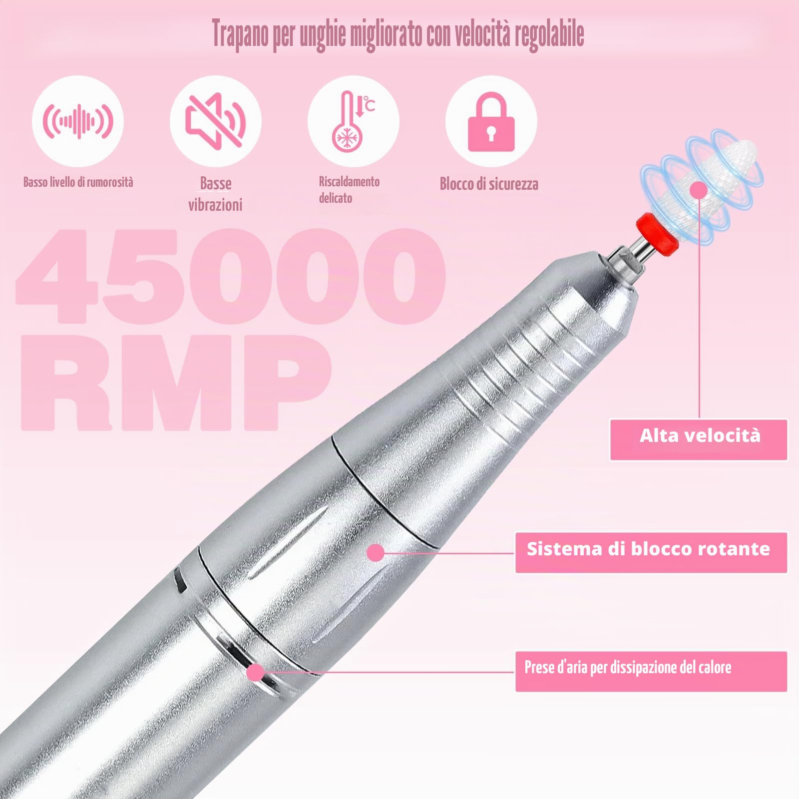 Fresa per Unghie Professionale 45000 Rpm, 13 in 1 Lima Unghie Elettrico Con Display Lcd, Velocità Regolabile, Portatile,Ricaricabile Micromotore, Kit per Manicure E Pedicure
