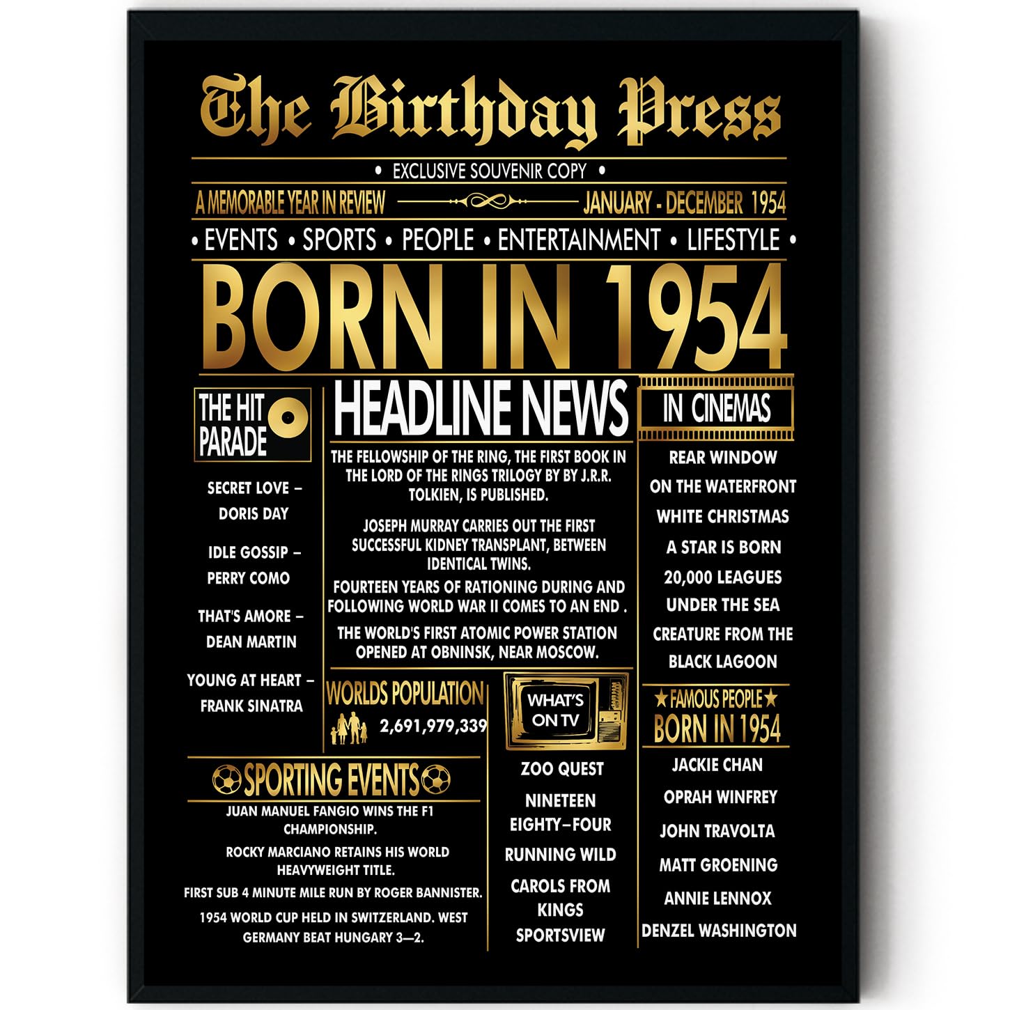 Stuff4 Men's 1954 Gold 72Nd Birthday Poster Framed, Golden Born In Newspaper