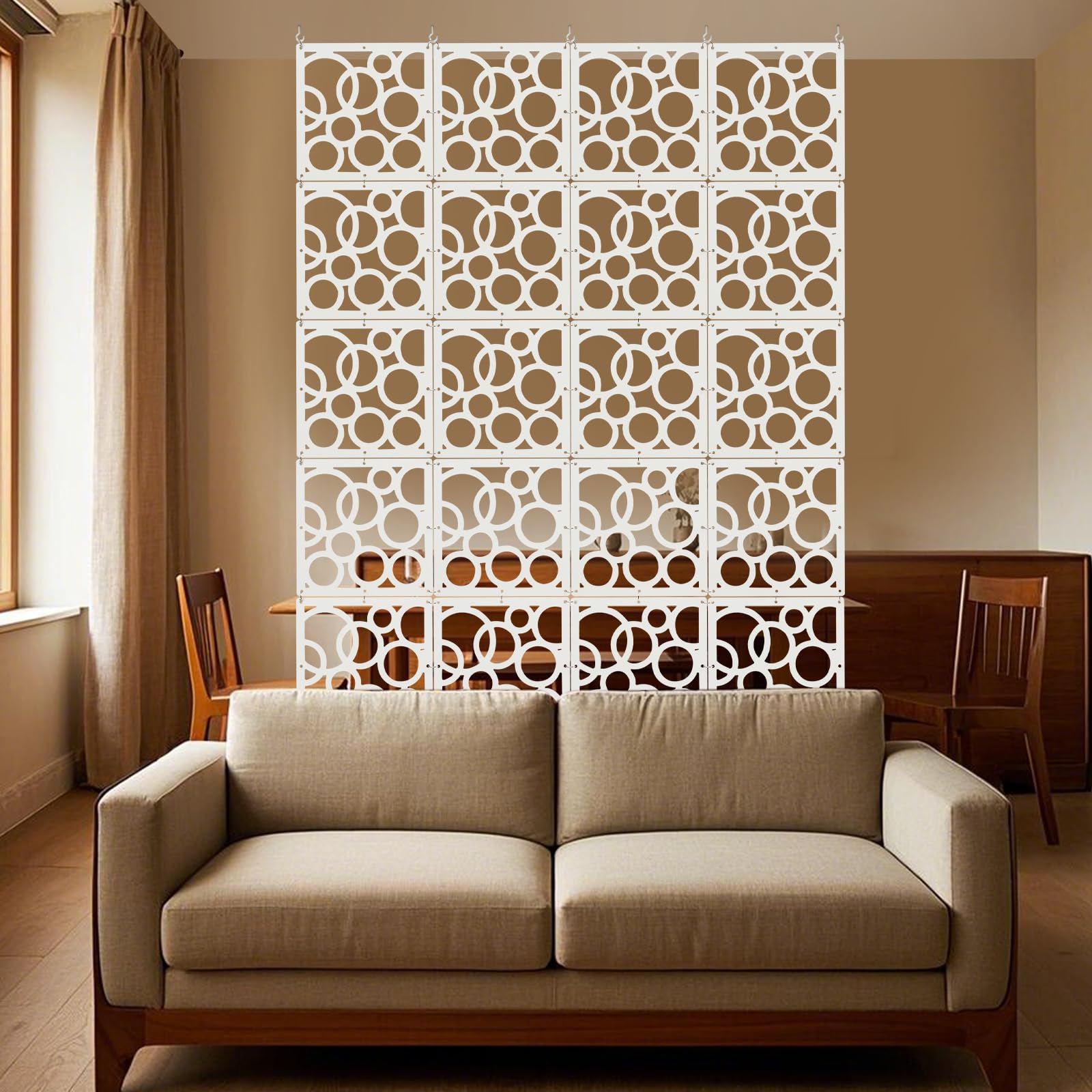 24PCS DIY Hängender Raumteiler Weiß, 29x29 cm (Modell C-Kreise) | PVC Hängesieb Raumteiler Paneele, Privatsphäre Raumteilerbildschirm für Zuhause, Hotel Dekoration