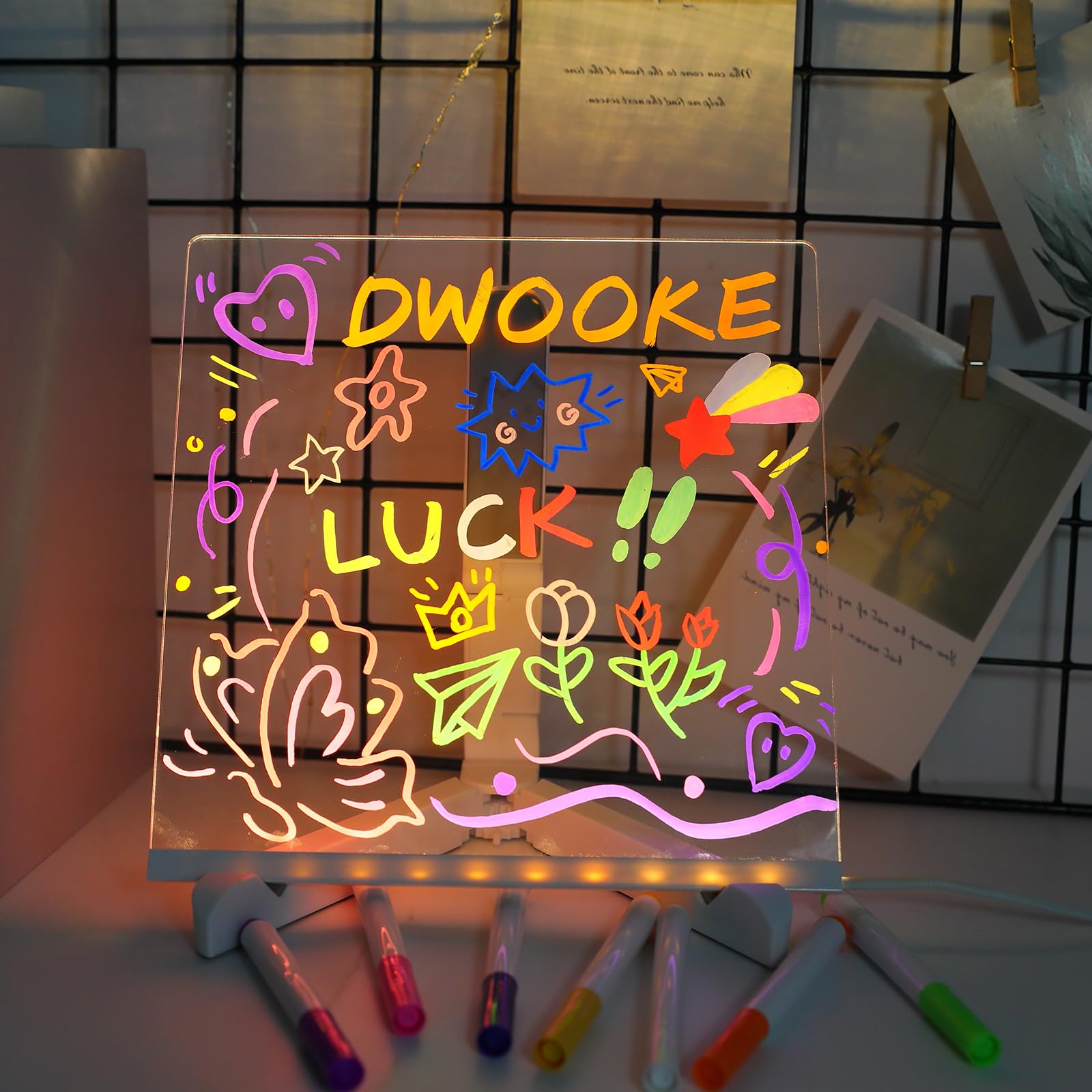 DWOOKE LED Drawing Board with 7 Colors Pen/Stand,20x20CM Luminous Acrylic Message Boards,Art Desktop Note Boards Light Board,Writing Board for Home Desk Office Cafe - Image 2
