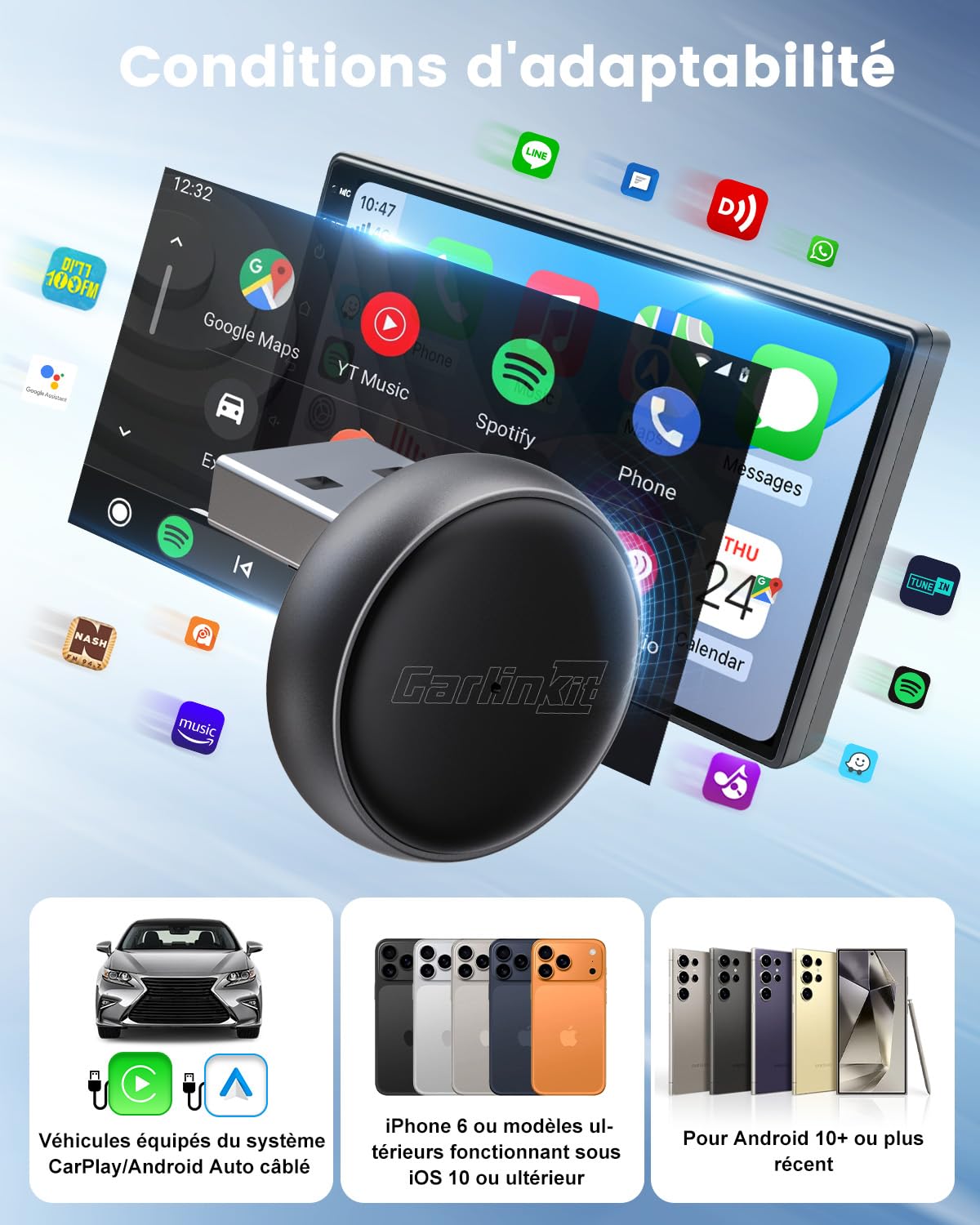 CarlinKit Mini adaptateur sans fil Ultra 3 – Convertit CarPlay/Android Auto filaire en sans fil, Plug-and-Play, USB/Type-C, mise à niveau OTA