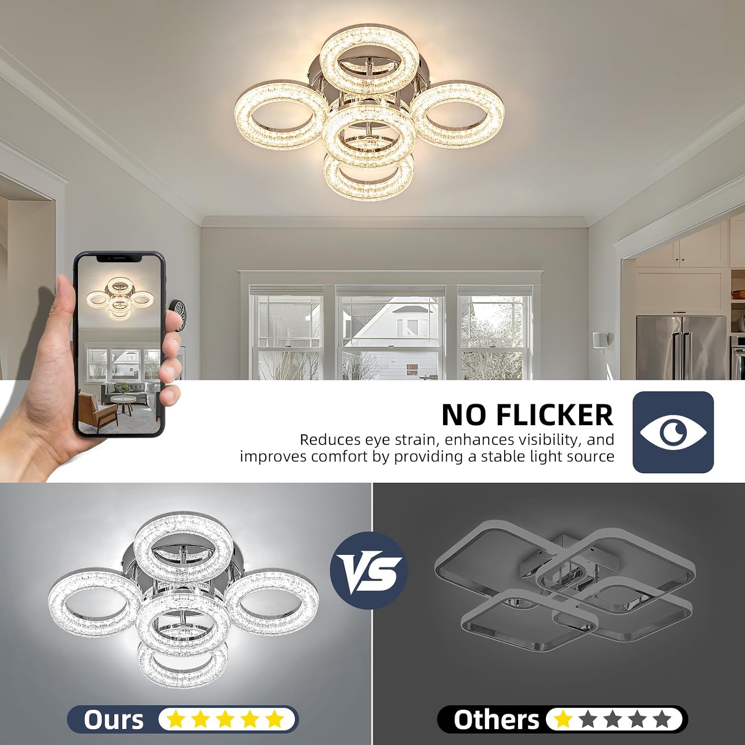 OKELI Modern Ceiling Light, 5 Rings 16.9'' Dimmable LED 49W Flush Mount Ceiling Lights with Remote Acrylic Crystal Round Ceiling Light Fixture, Bedroom Living Room Dining Room, Chrome