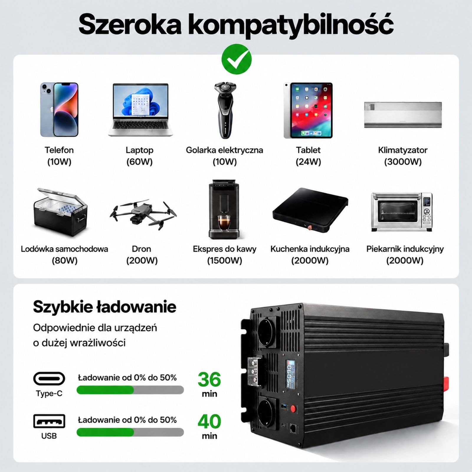 Falownik czystej fali sinusoidalnej 3500 W, 12 V DC do 230 V AC, ekran LCD, obudowa ze stopu aluminium, 2 gniazda do auta kampera domu