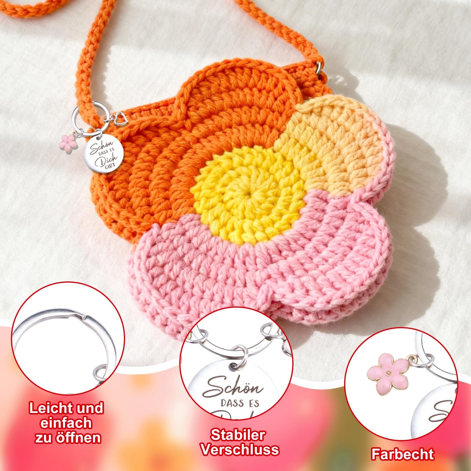 Bambola di garofano lavorata a maglia, regalo per donne, decorazione floreale fatta a mano, con portachiavi "Schön dass Es Dich Gibt", regalo di ringraziamento per mamma, fidanzata, collega, per