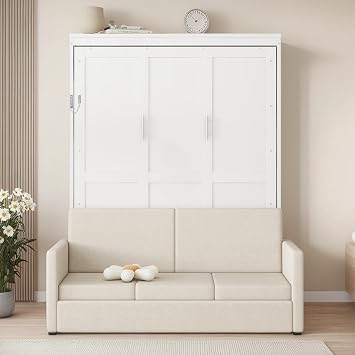 Murphy Bed with Sofa Queen Size, Space Saving Folding Wall Bed with Sofa, Wood Hideaway Bed Frame with Cushion for Small Room Home Office Bedroom, White