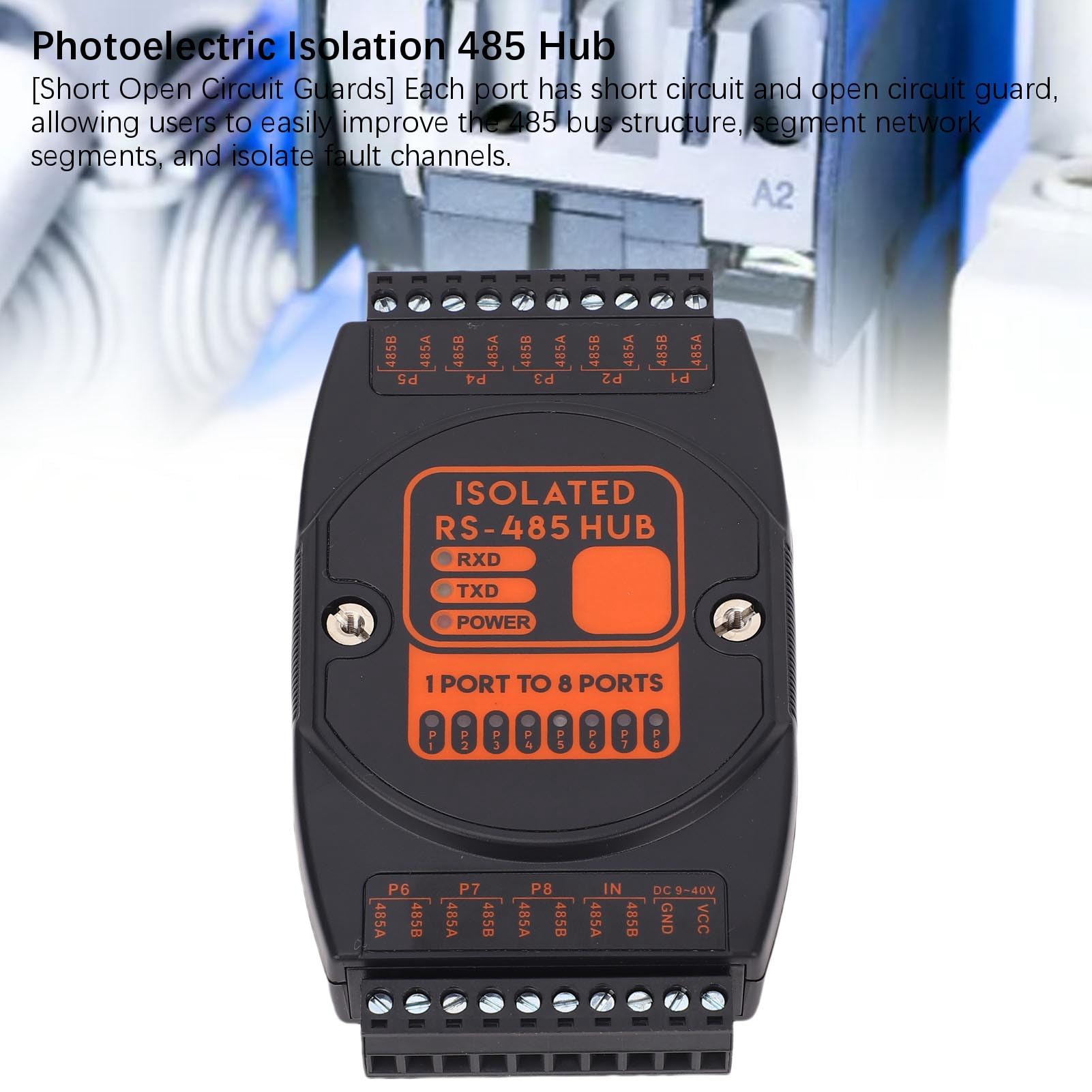 Ejoyous Hub 485, Ripetitore 485 Isolato in ABS 1 Ingresso 8 Uscite, Isolamento 2500 Vrms da 9 a 40 V CC da 300 Bps a 115,2 Kbps, per Espansione di Rete Industriale e Sistemi di Controllo per Esterni