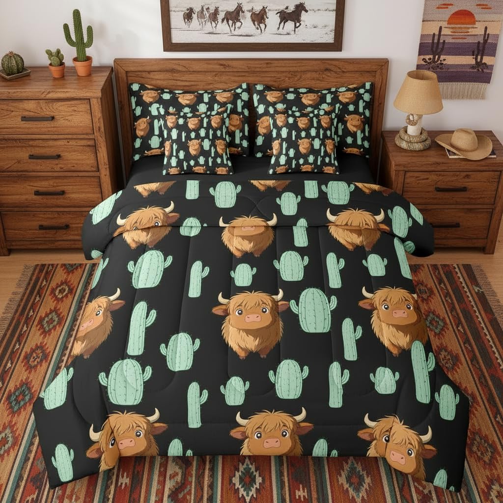 Erosebridal Highland Cow Bed in A Bag Twin 7 Piece Western Cow Cactus Comforter Set Cattle Wildlife Tropical Bedding Sets for Kids Girls Rustic Southwest Farmhouse Sheet Set with Comforter