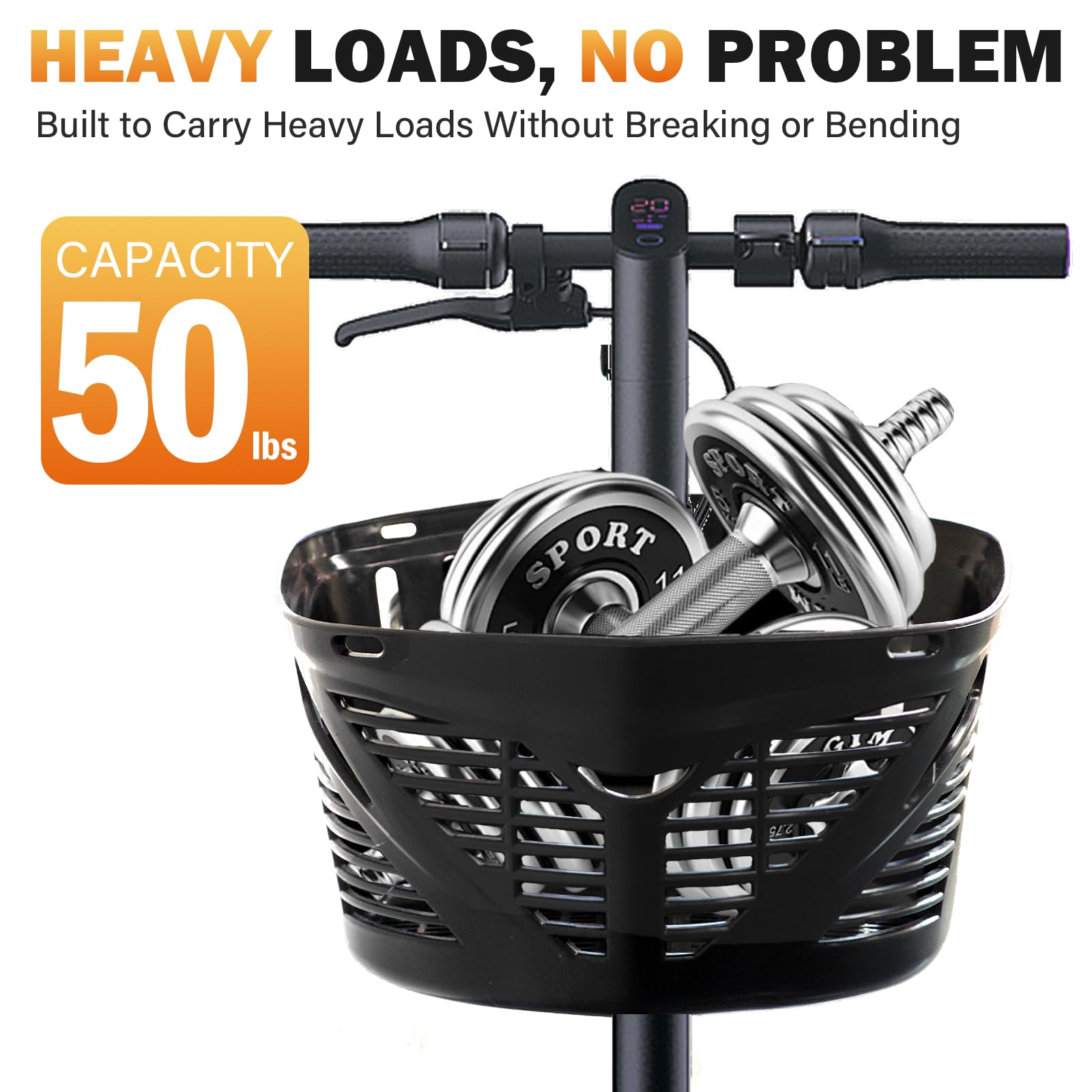 obikeollo Scooter Basket for Adult 50lb Loading Capacity Multi-fit Large Front Basket with 2 Water Holder for E-Scooter Long-Lasting Sturdy Stable Easy Assembly