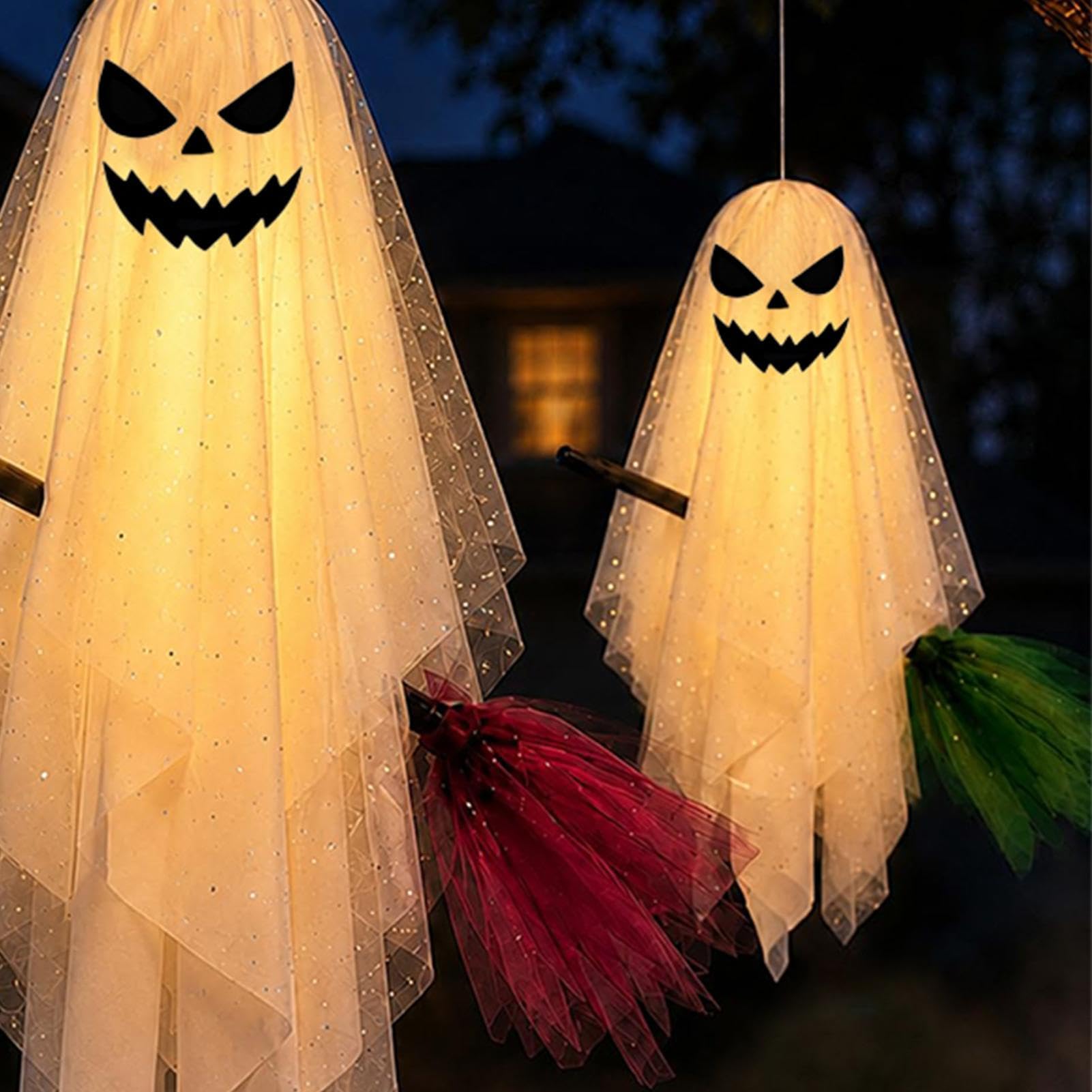 Dekoracja Ducha 3 Sztuki Latających Strasznych Duchów z Wbudowanymi | Dekoracje Ogrodowe Na Halloween Z Miotłą na cmentarz, drzewo, ganek, patio, ogród i przyjęcie