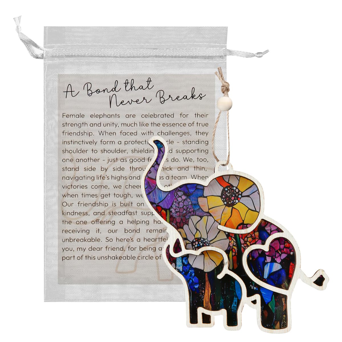 Lotsdonxia Women's Style B Wooden Elephant Ornament With Story Card, Floral Friendship Gift For Cute Hanging Decor For Sisterhood, Home And Party Decoration (Style B)