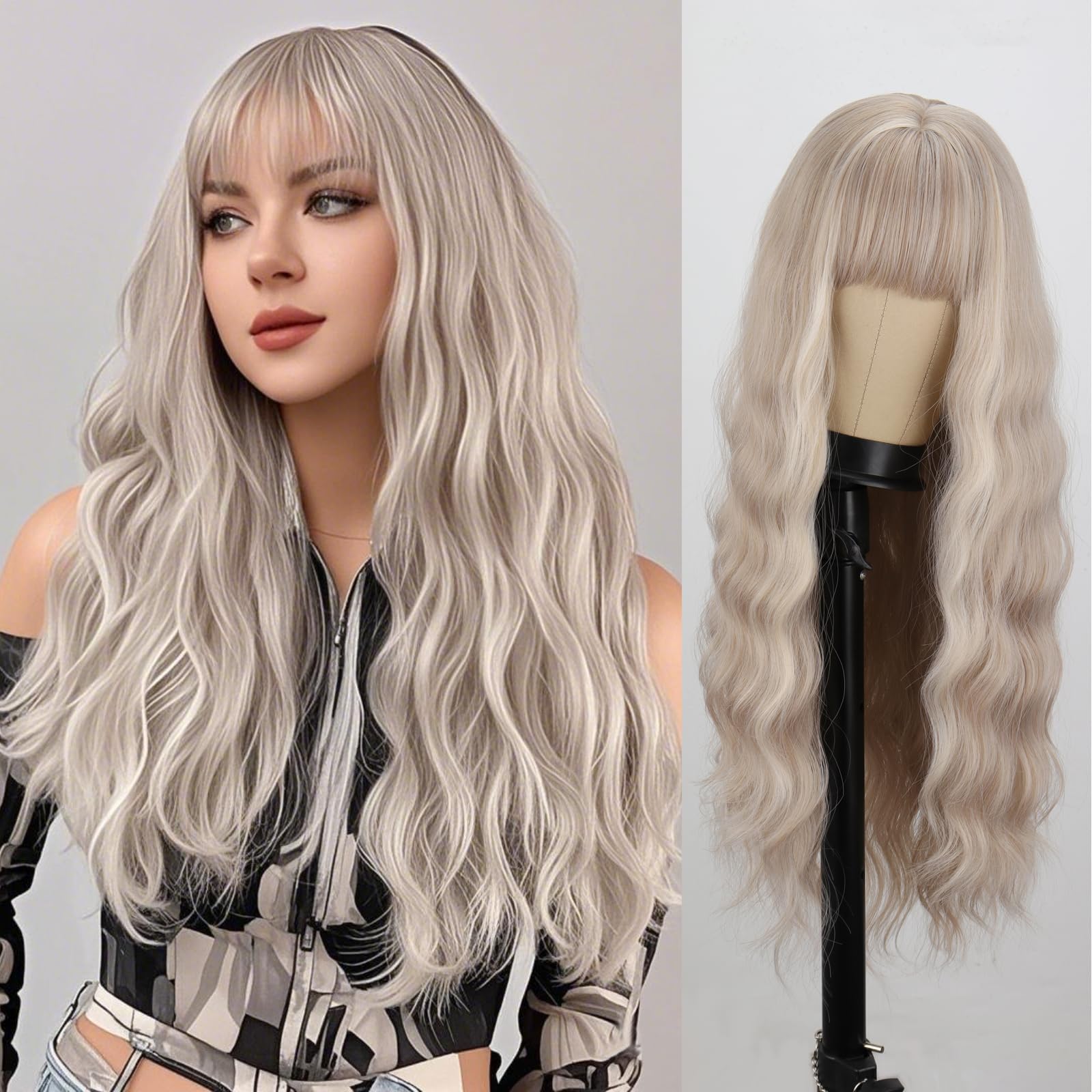 Long Ash Blonde Wig with Bangs Grey Blonde Wavy Curly Wigs Natural Looking Synthetic Heat Resistant Fiber Wig for Daily Cosplay Costume Party Chrismas Holiday Use