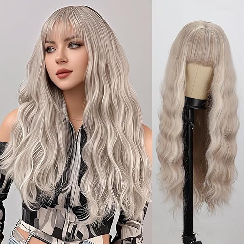 MERISIHAIR Peluca larga ondulada rosa y azul con flequillo, peluca ondulada rosa y azul para mujer, peluca sintética de aspecto natural para uso