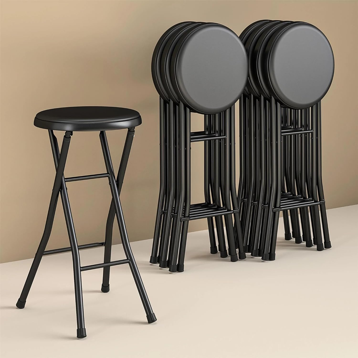 Folding Bar Stool, 24 Inch Height, Padded Vinyl Seat, Metal Frame, Black, Portable