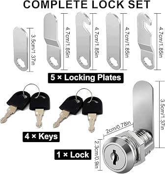 Universal Mailbox Cam Lock with 5 Lock Plates & 4 Keys, Durable Multi-Purpose Cabinet Lock for Cupboard, Drawer, Locker & Furniture Door