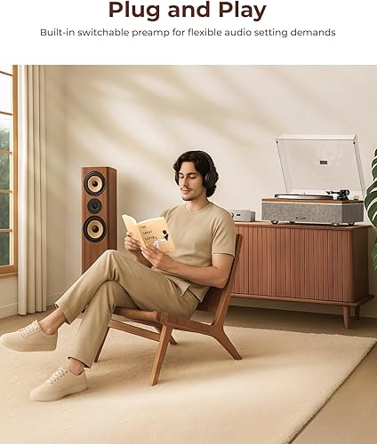 Miniatura 5 de ONE-S - Tocadiscos de vinilo con entradasalida Bluetooth, tocadiscos vintage todo en uno, altavoces integrados, preamplificador de teléfono y DSP,