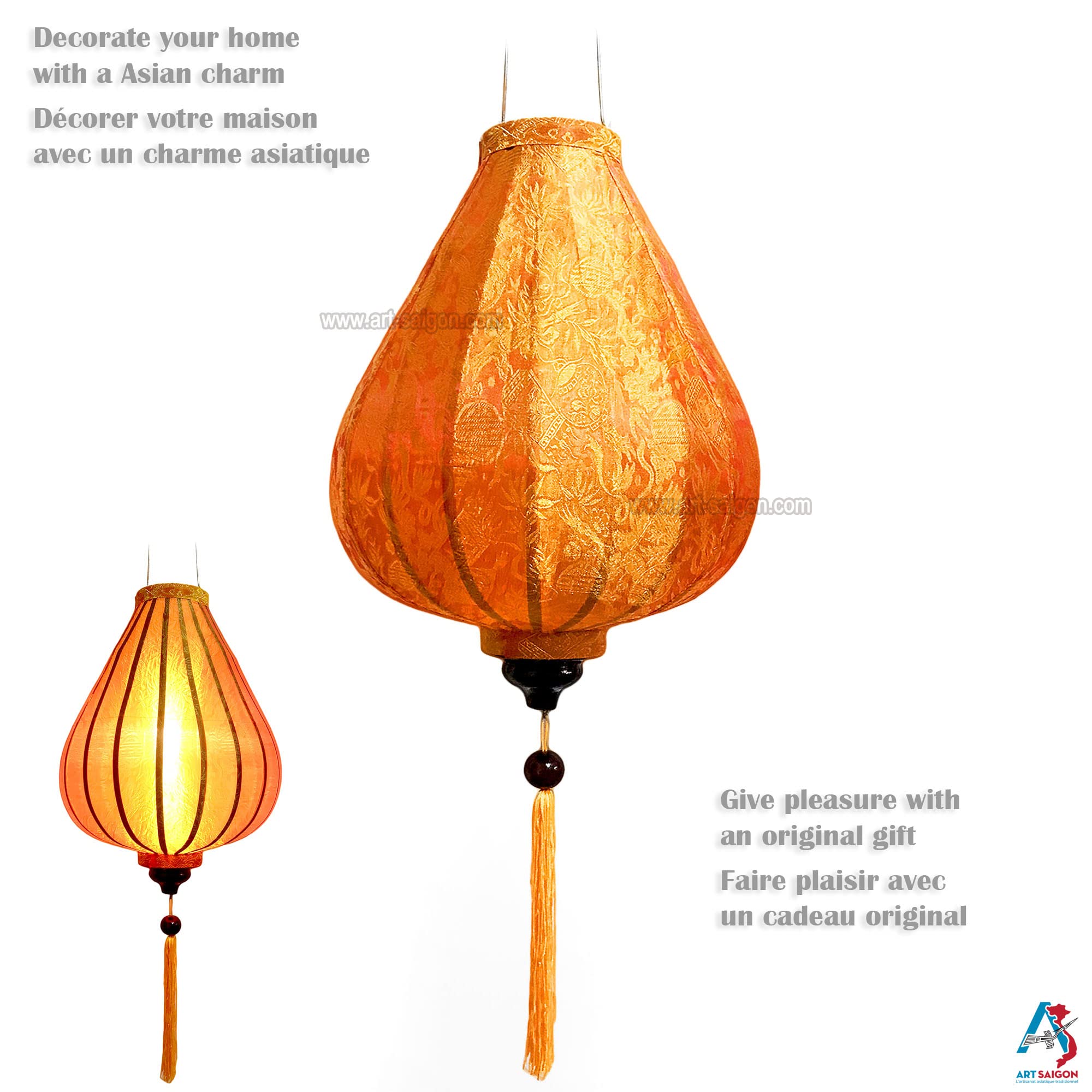 Lampion Asiatique en Soie Orange G - Ø33cm - Lanterne de Hoi an en Tissu, Bambou et Bois - Décoration d'Asie et Artisanat du Vietnam (Réf. G25-O), (G25-Orange)