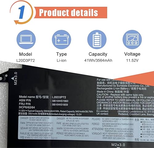 Miniatura 2 de ASODI L20D3P72 - Batería para portátil compatible con Lenovo ThinkPad X13 Gen 2nd Gen Series L20C3P72 L20M3P72 SB10W51960 5B10W51824 SB10W51948