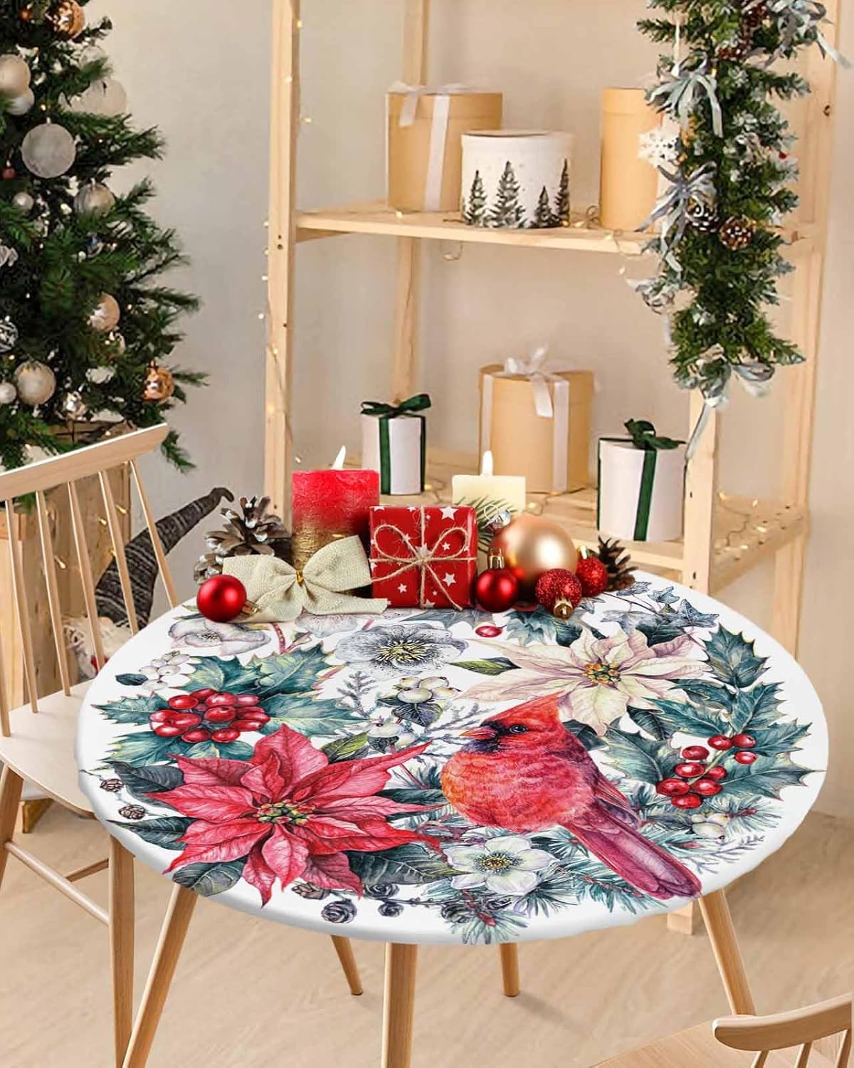 Christmas Red Cardinal Poinsettia Table Round Cover Elastic Edged Tablecloth, Winter Pine Plant Berry Indoor Outdoor Fitted Circle Tables Cover Waterproof Wipeable Tabletop Protector Cloth